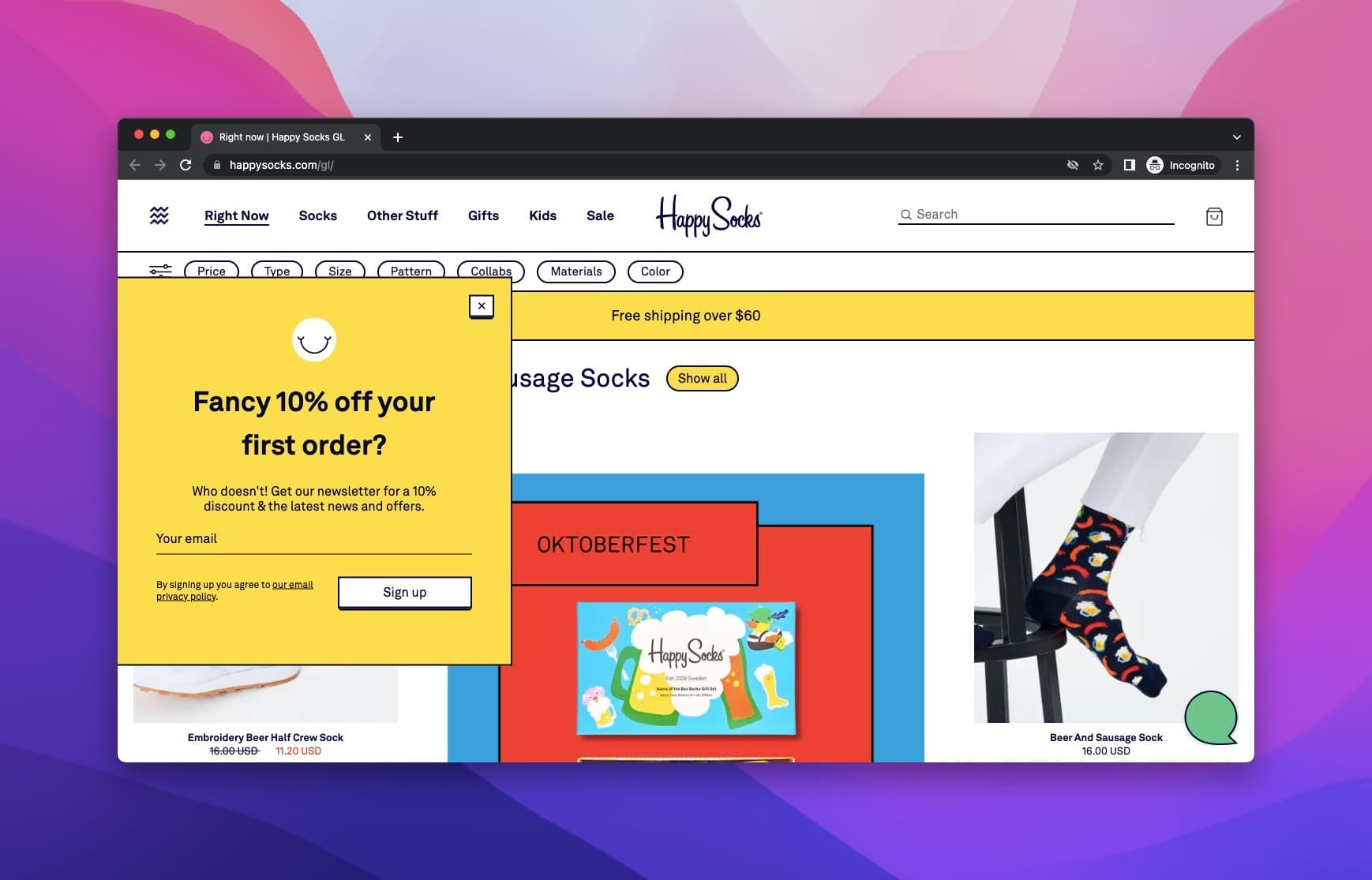 happy Socks homepage showing a yellow sidebar popup offering 10% off with an email address box and special edition socks picture next to it