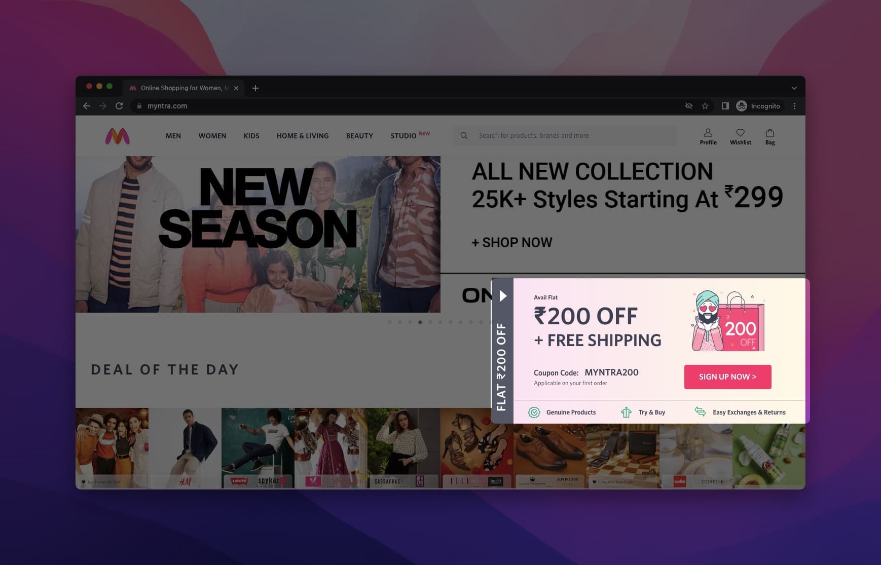 Myntra coupon popup on the right site of the website on a dark background