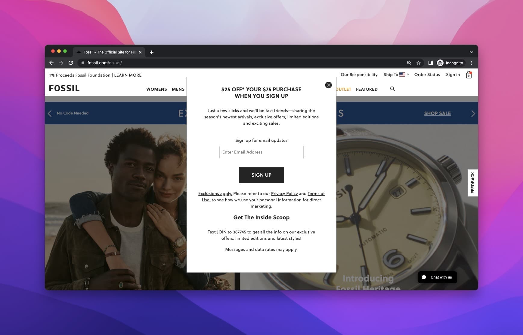 fossil popup example on the homepage offering $25 off in return for an email address, on the background, there is a woman photo showing her watch