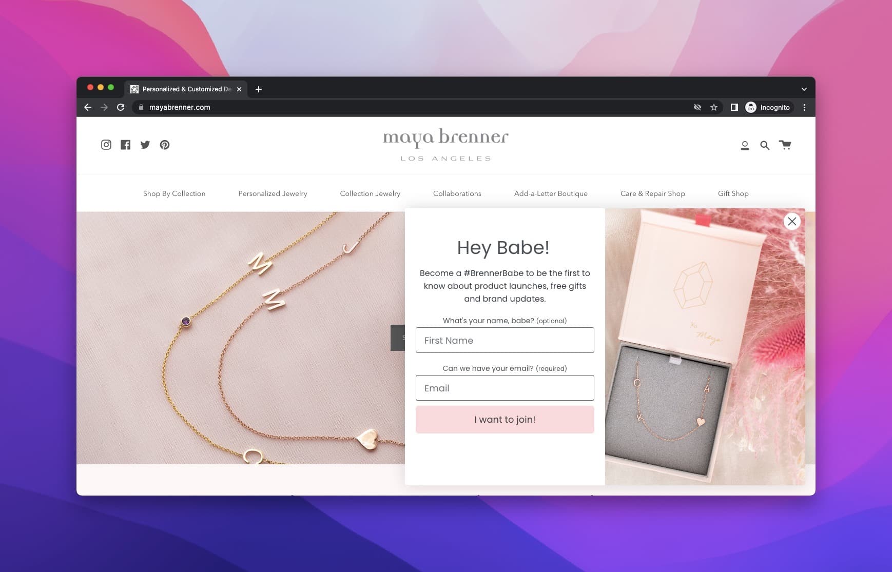 Maya Brenner's homepage showing a popup with the headline "hey babe!" and name and email boxes to be filled showing some jewelry behind