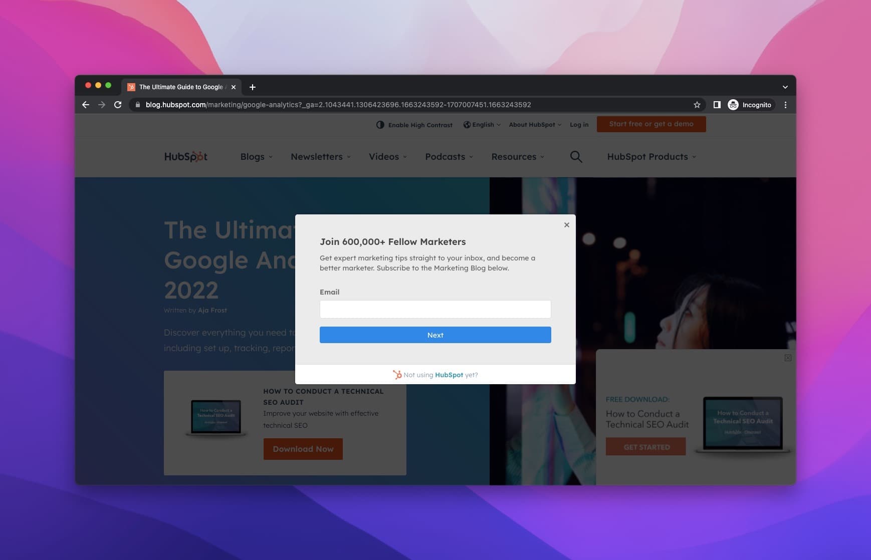 the popup of HubSpot asking for an email on a dark background