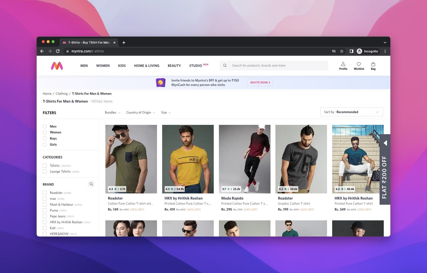 Myntra's homepage showing male and female models wearing clothes, product categories on the left and a popup teaser on the right