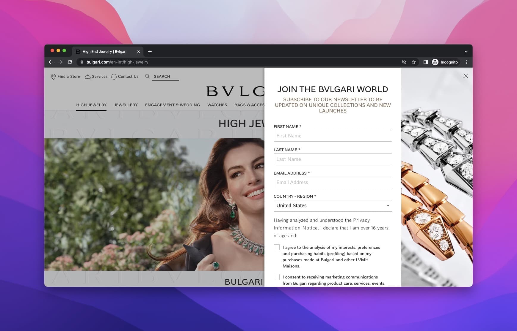 bulgari homepage sidebar popup on the right with a submission form asking for information such as first name, last name, email address etc.