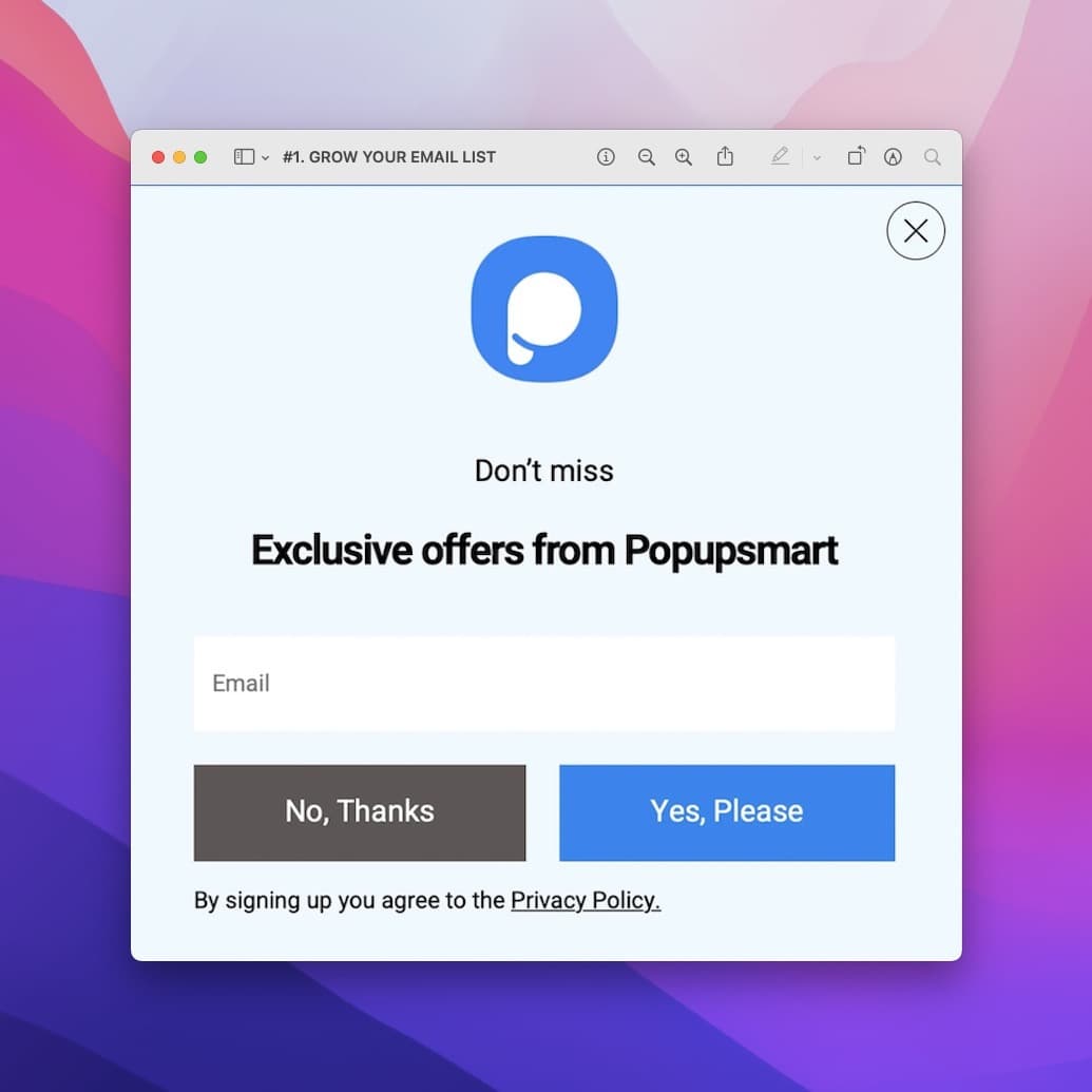 Popupsmart popup example featuring Popupsmart's logo, an email form field, and two buttons for yes and no