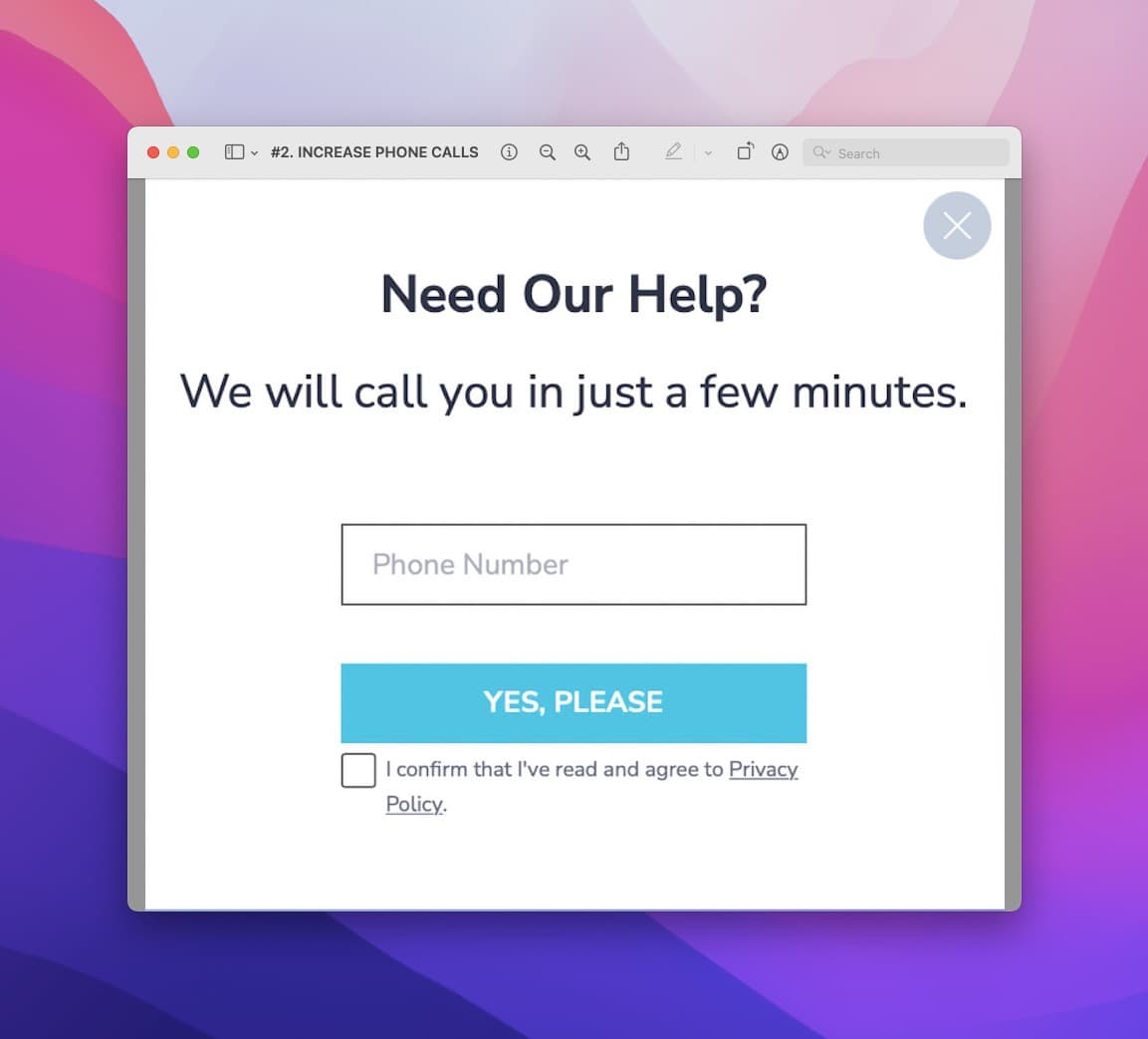 phone call popup asking the viewer if they help and a phone number box with a yes, please button