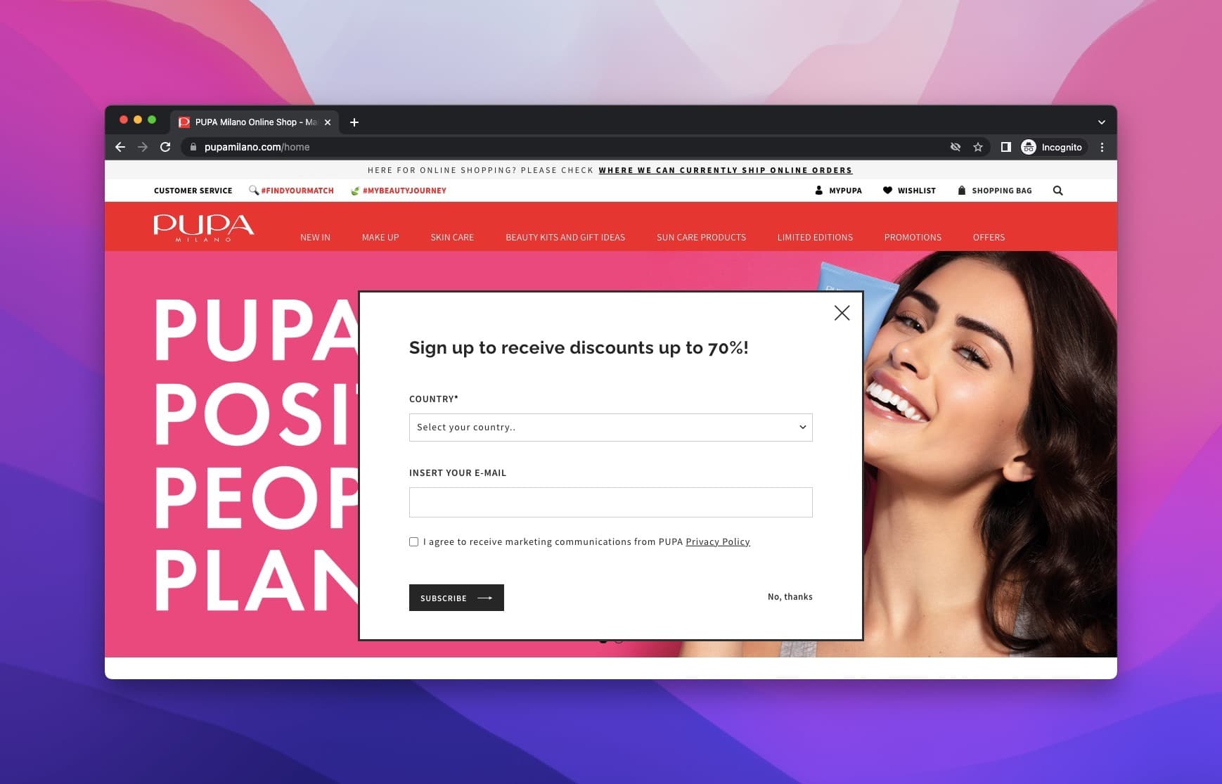 pupa milano homepage showing a popup asking for country and email address with different lipstick pictures below