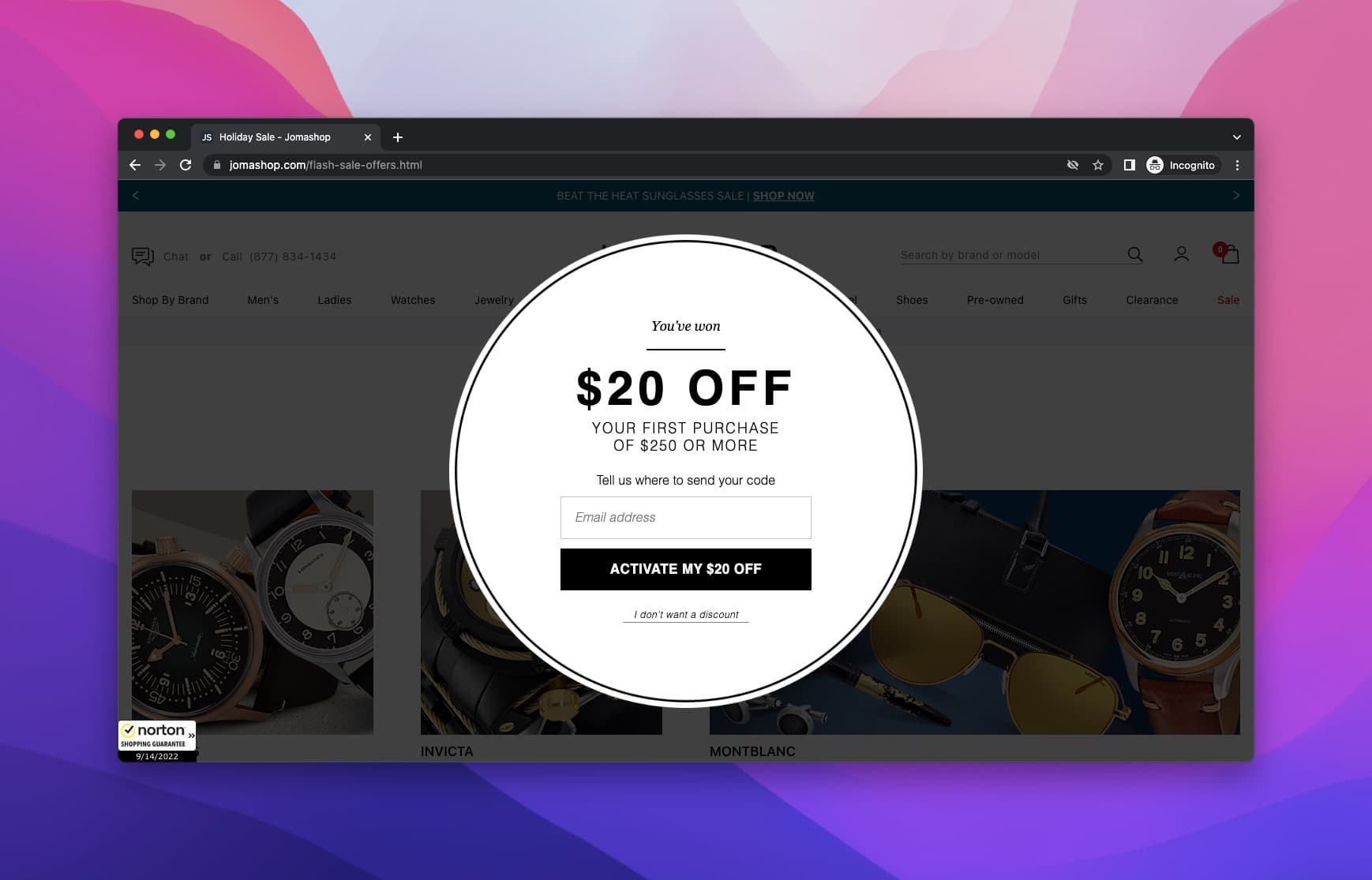 Jomashop discount offer popup offering $20 off with an email box below, behind the website showing sunglasses on the right and a watch on the left