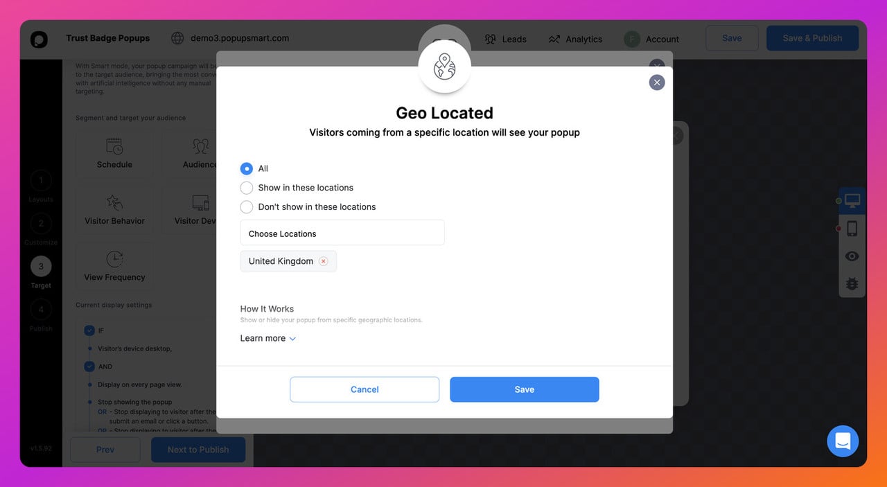 Popupsmart popup builder dashboar step seven showing Geo located settings and features