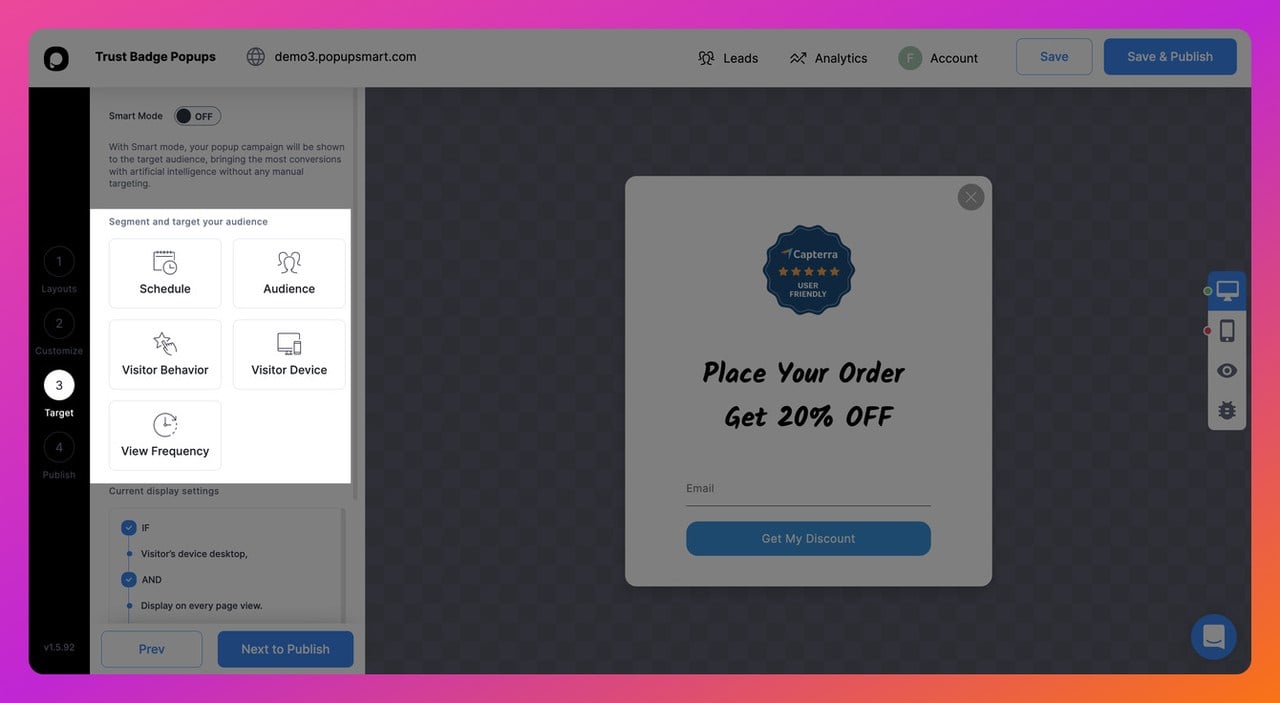 Popupsmart popup builder dashboar step six showing the "Target" page with different features such as visitor behavior, visitors device