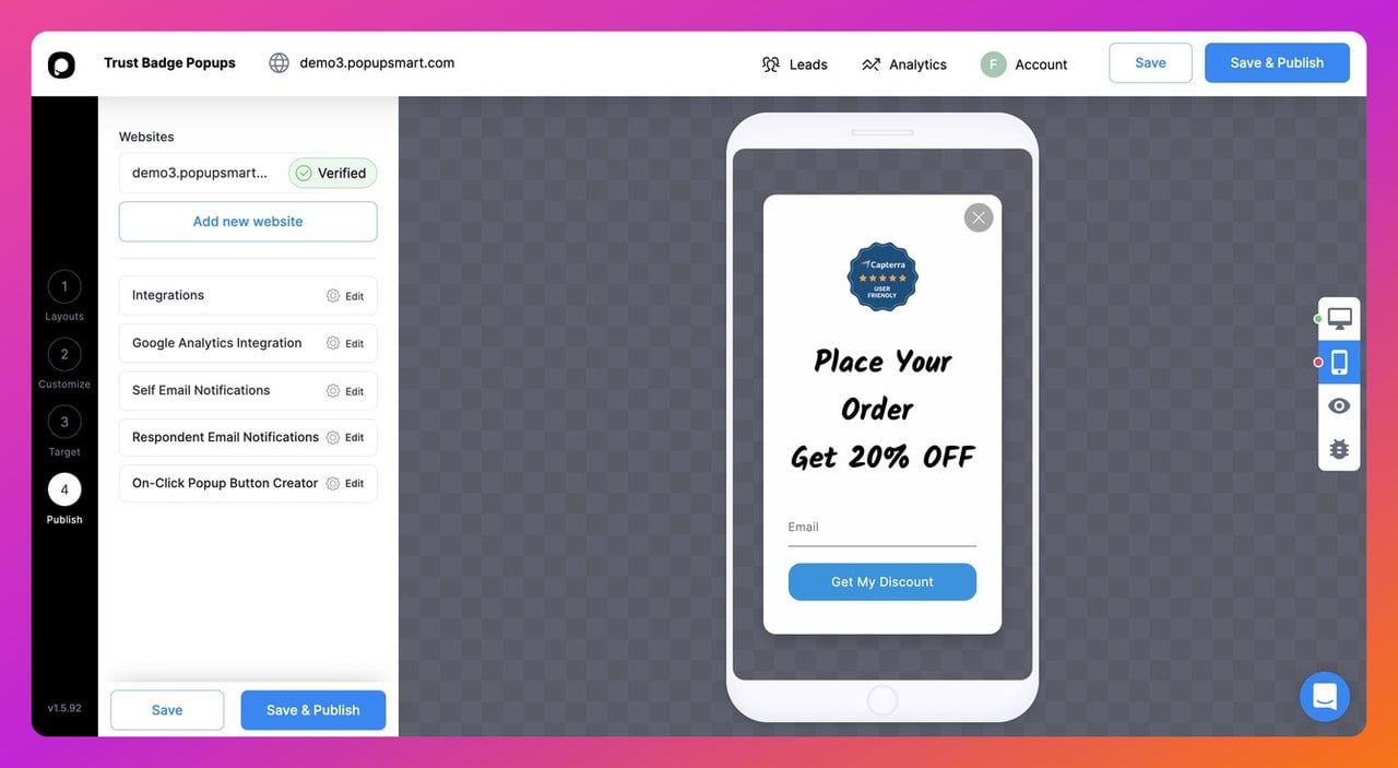 Popupsmart popup builder dashboar step nine showing the popup mobile version look