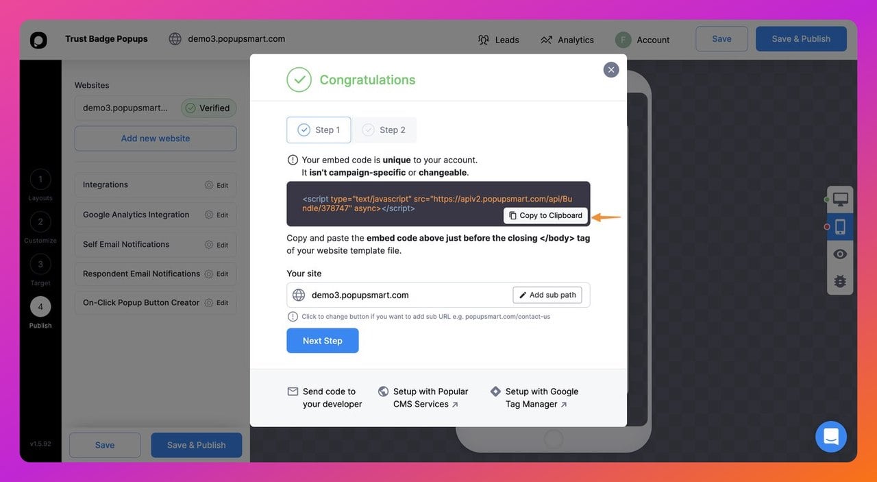 Popupsmart popup builder dashboar step ten showing the popup code window with a unique code and a button that says "copy to clipboard