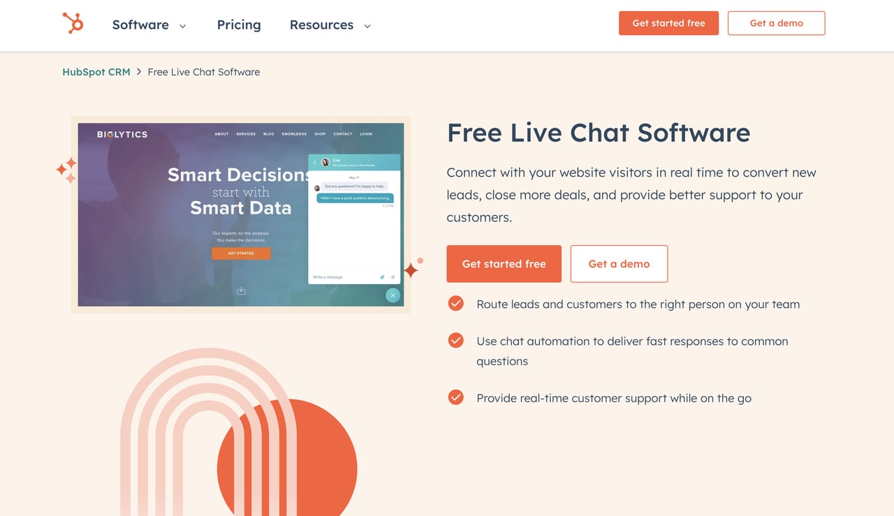 The landing page of HubSpot's live chat tool