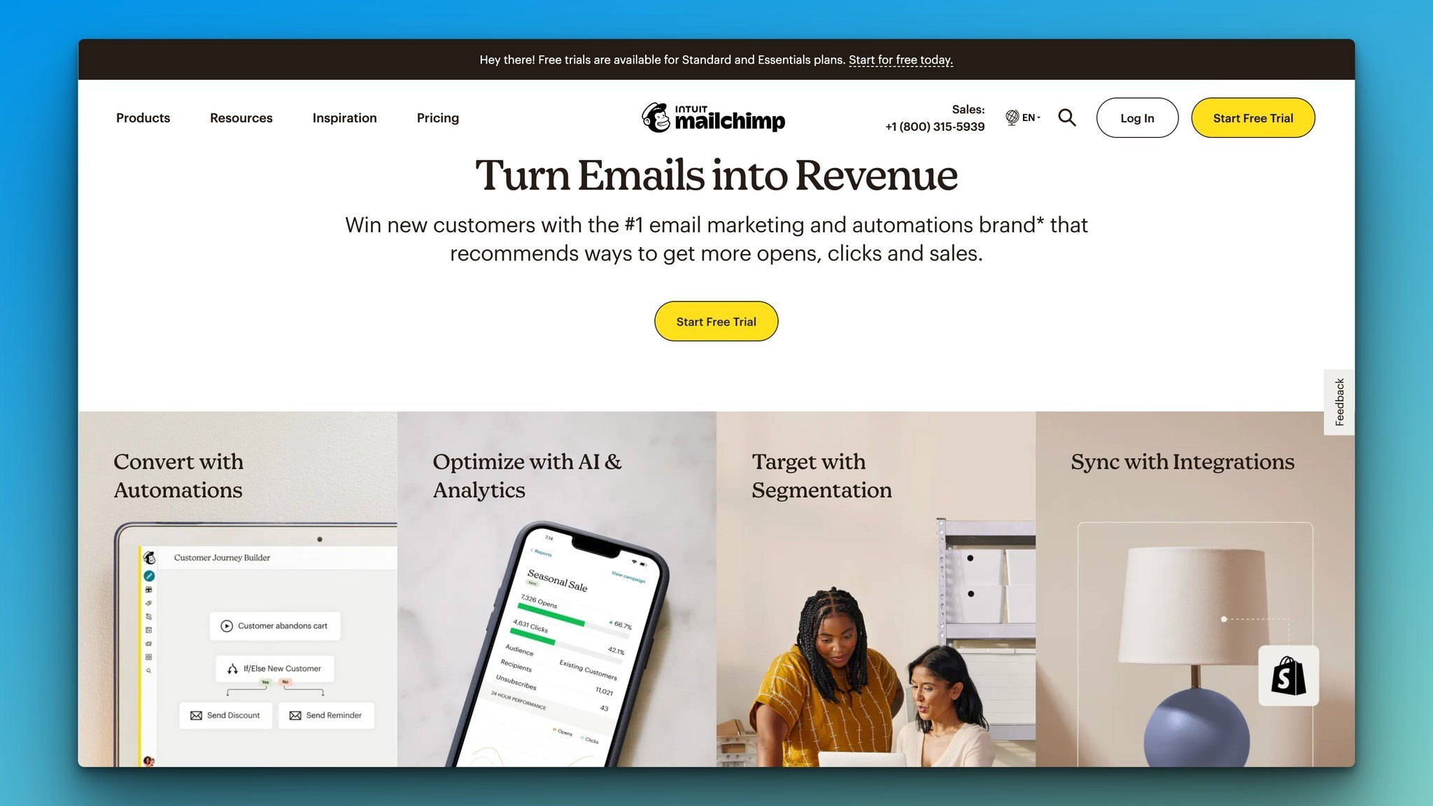 Mailchimp’s homepage with the “Turn Emails into Revenue” headline followed by a yellow Start Free Trial button and images like laptop screen’s corner, a phone, two women looking at computer screen and a lamp next to each other