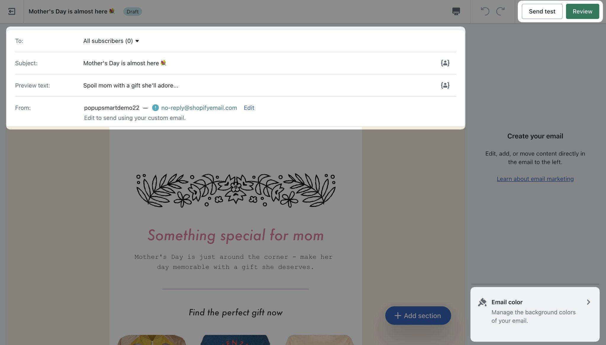 Shopify’s Mother’s Day-themed email template with highlighted email details and Review and Send test button in the upper right corner