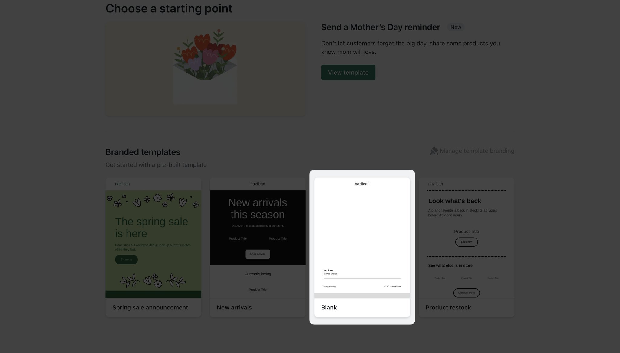 Shopify email templates screen showing blank email template as highlighted