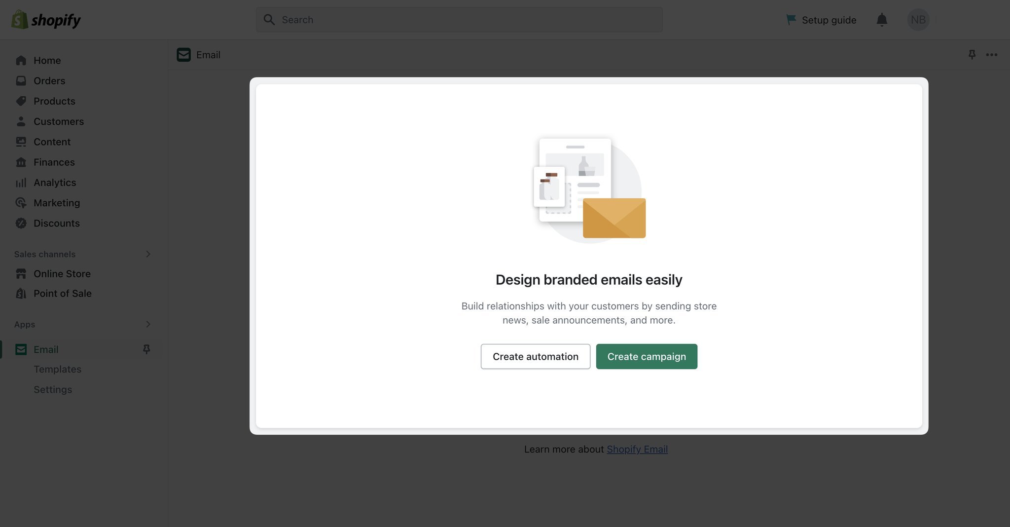 Shopify email marketing modal with Create automation and Create campaign buttons