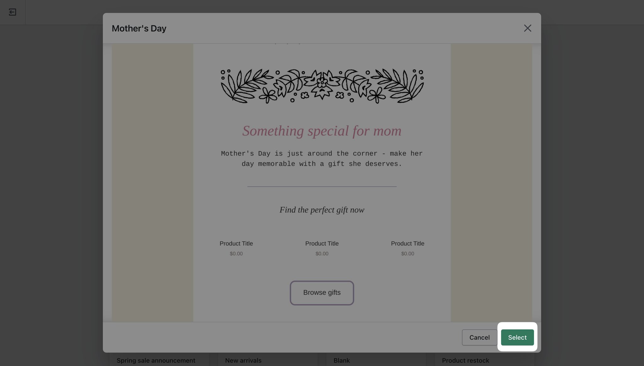 Mother’s Day email template with floral design with the Select button highlighted