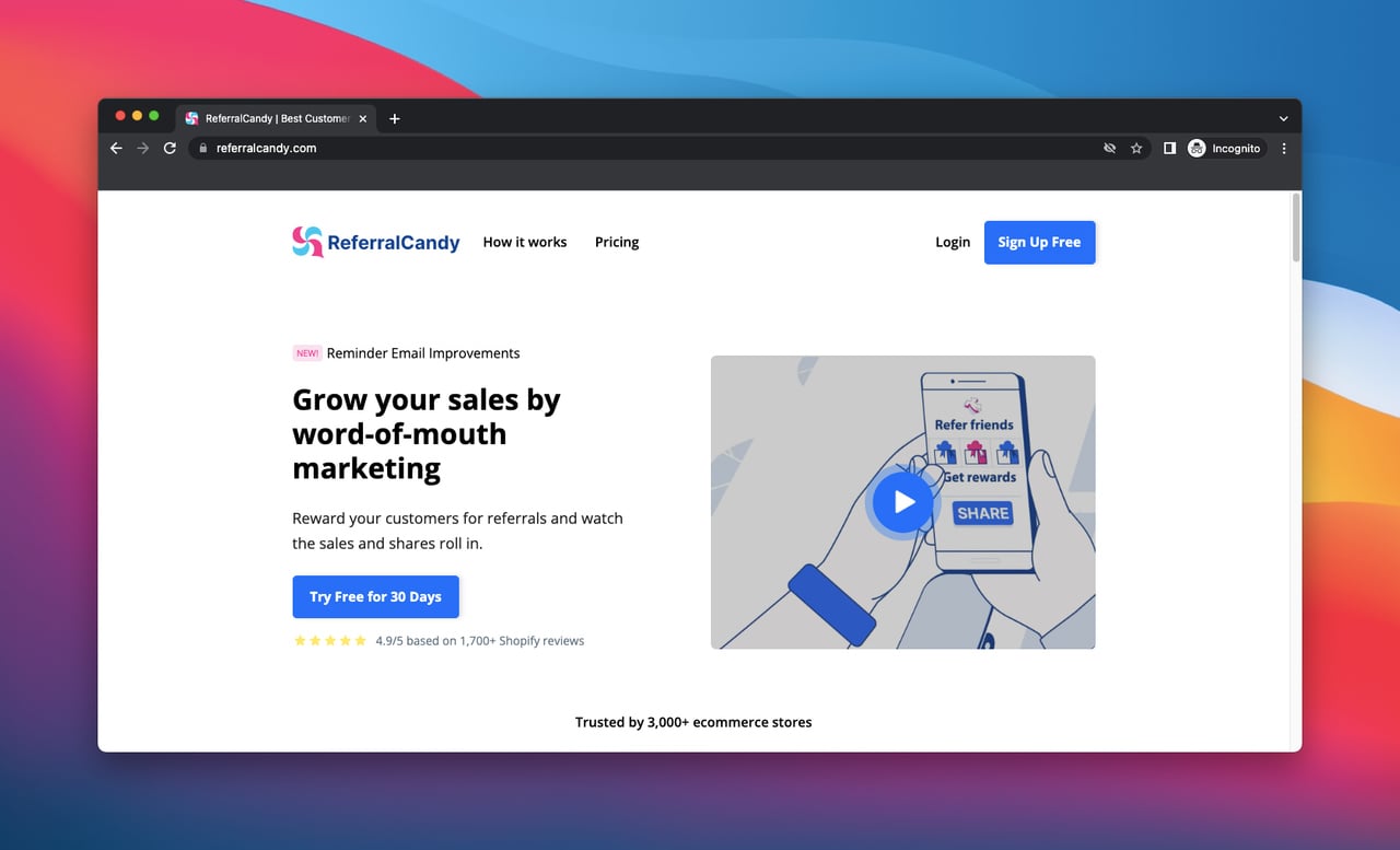 homepage of ReferralCandy which is a referral and customer acquisition tool