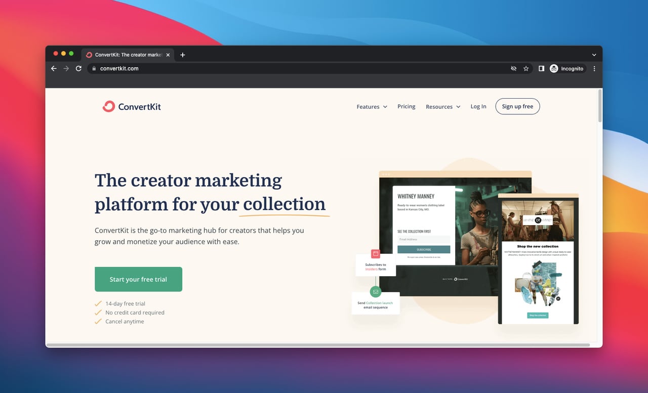 homepage of Convertkit which is a marketing automation tool