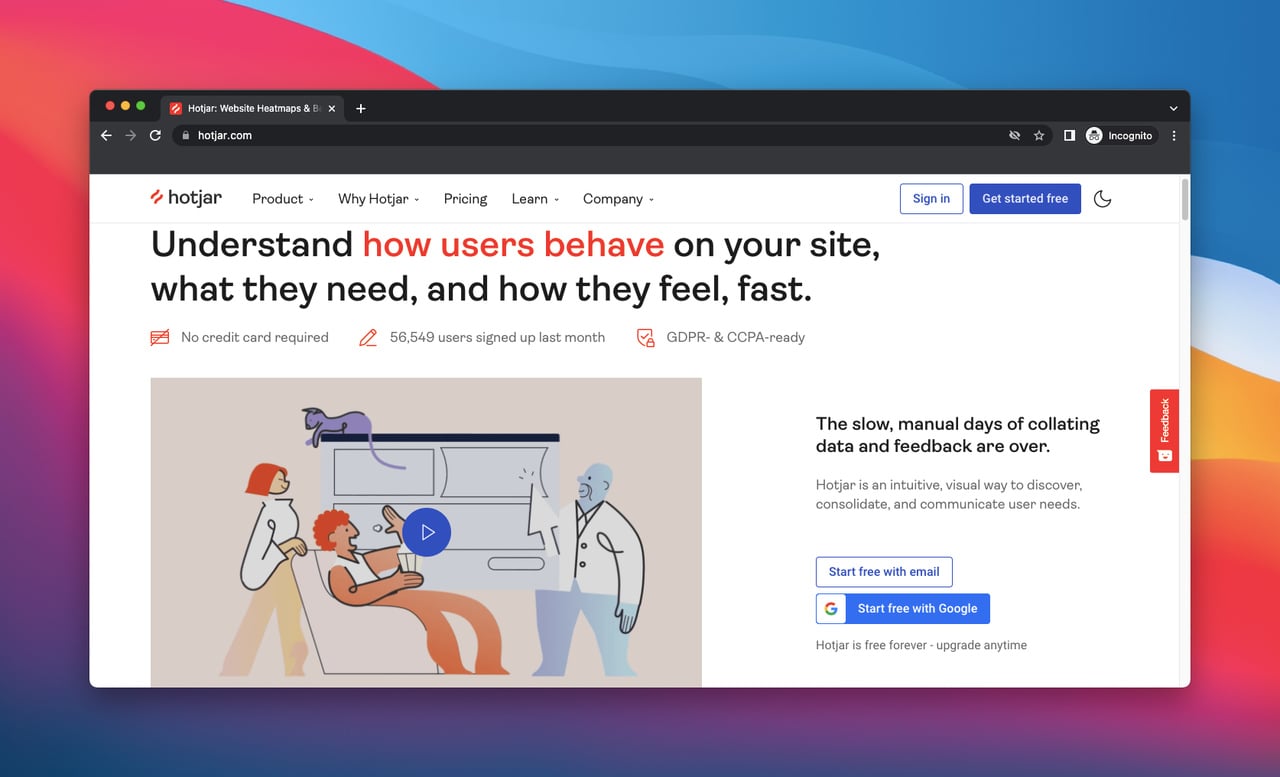 homepage of Hotjar which is a customer acquisition tool