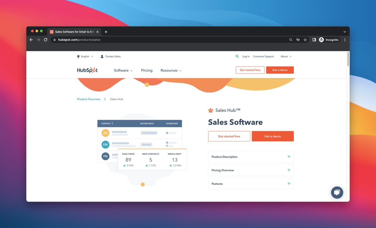 homepage of HubSpot Sales Hub which is a customer acquisition tool