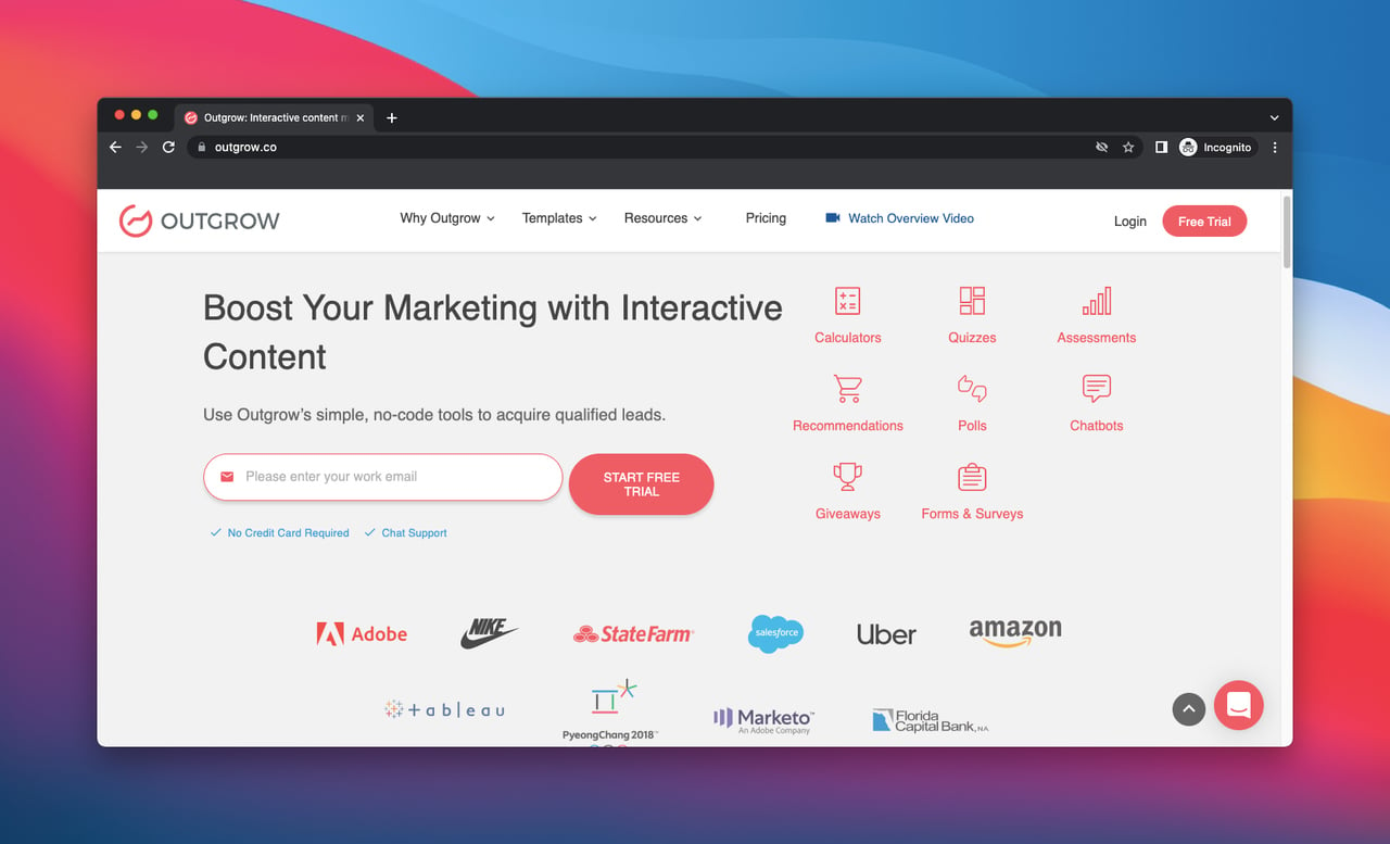 homepage of Outgrow which is a customer acquisition tool