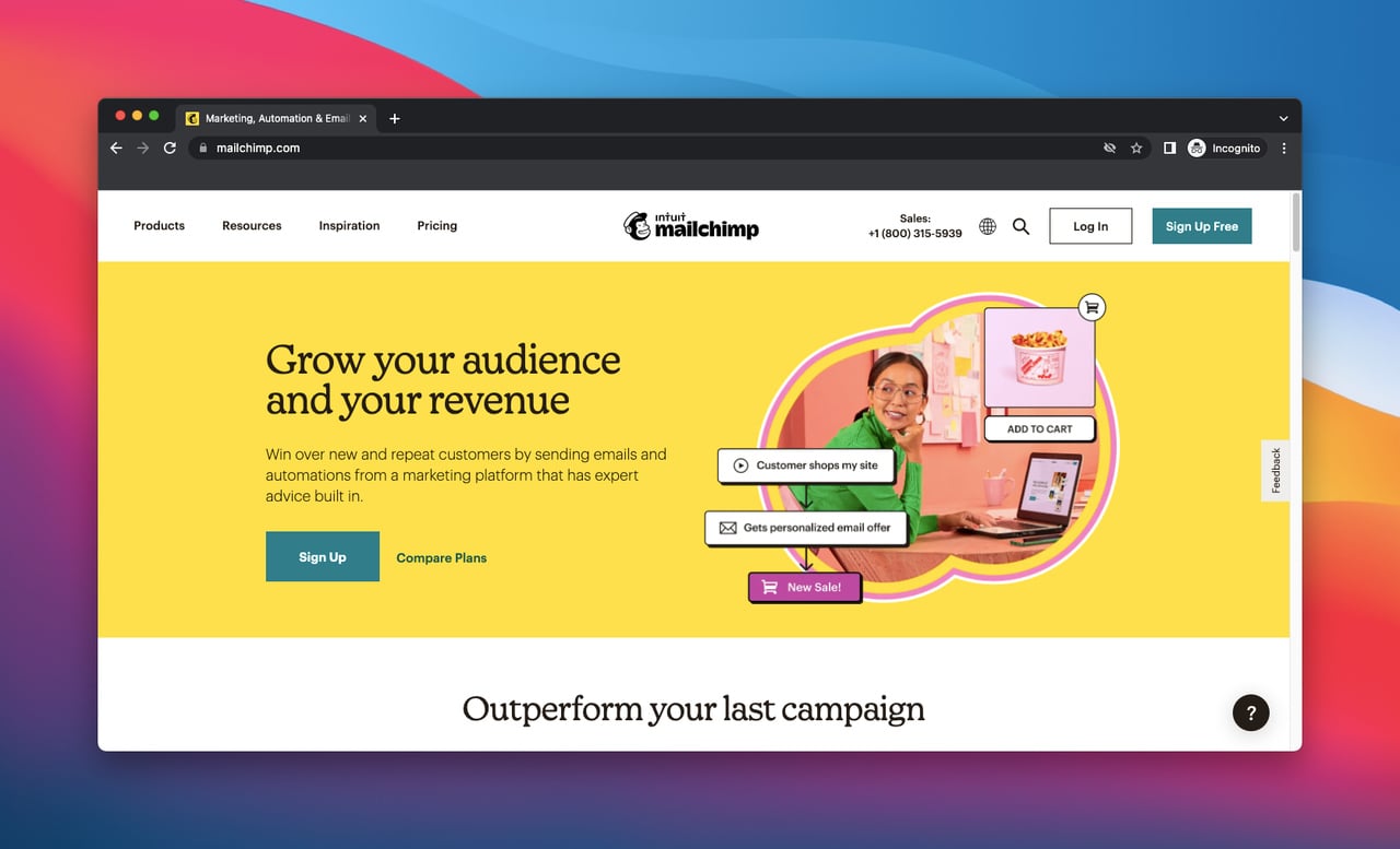 homepage of Mailchimp which is a marketing and customer acquisition tool