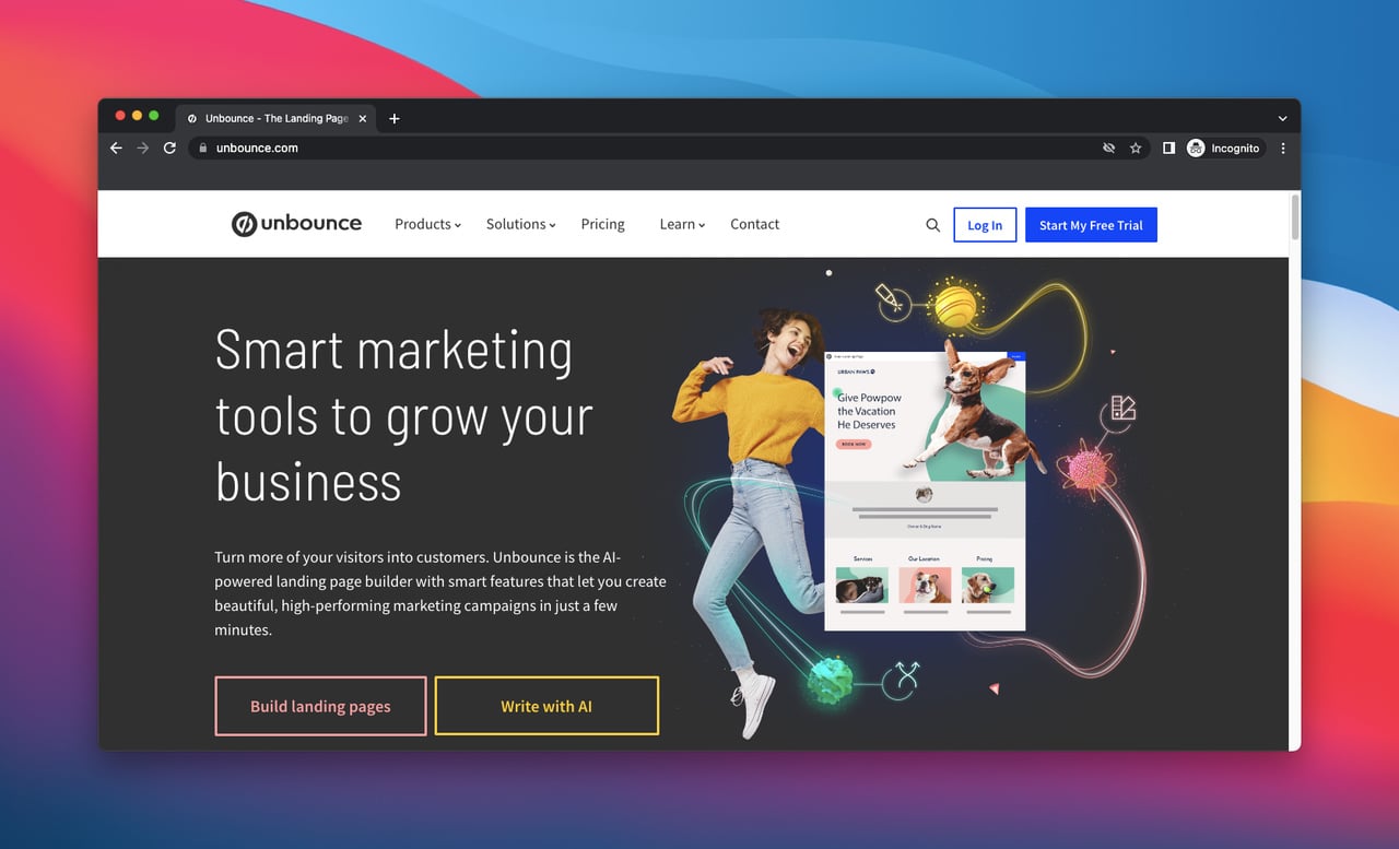 homepage of Unbounce which is a customer acquisition tool