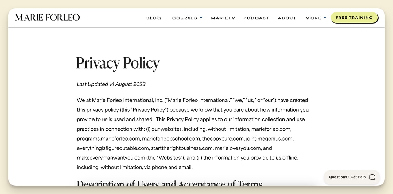 marie forleo privacy policy page on their website