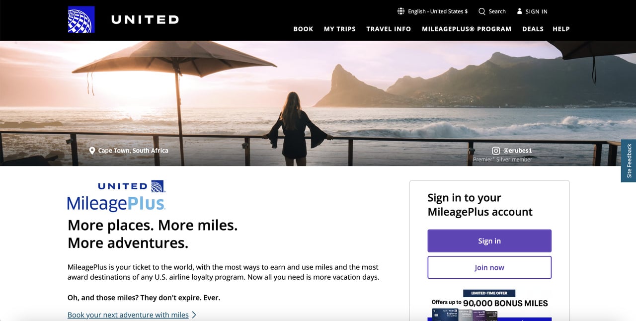 United Airlines' MileagePlus customer loyalty program with CTA buttons