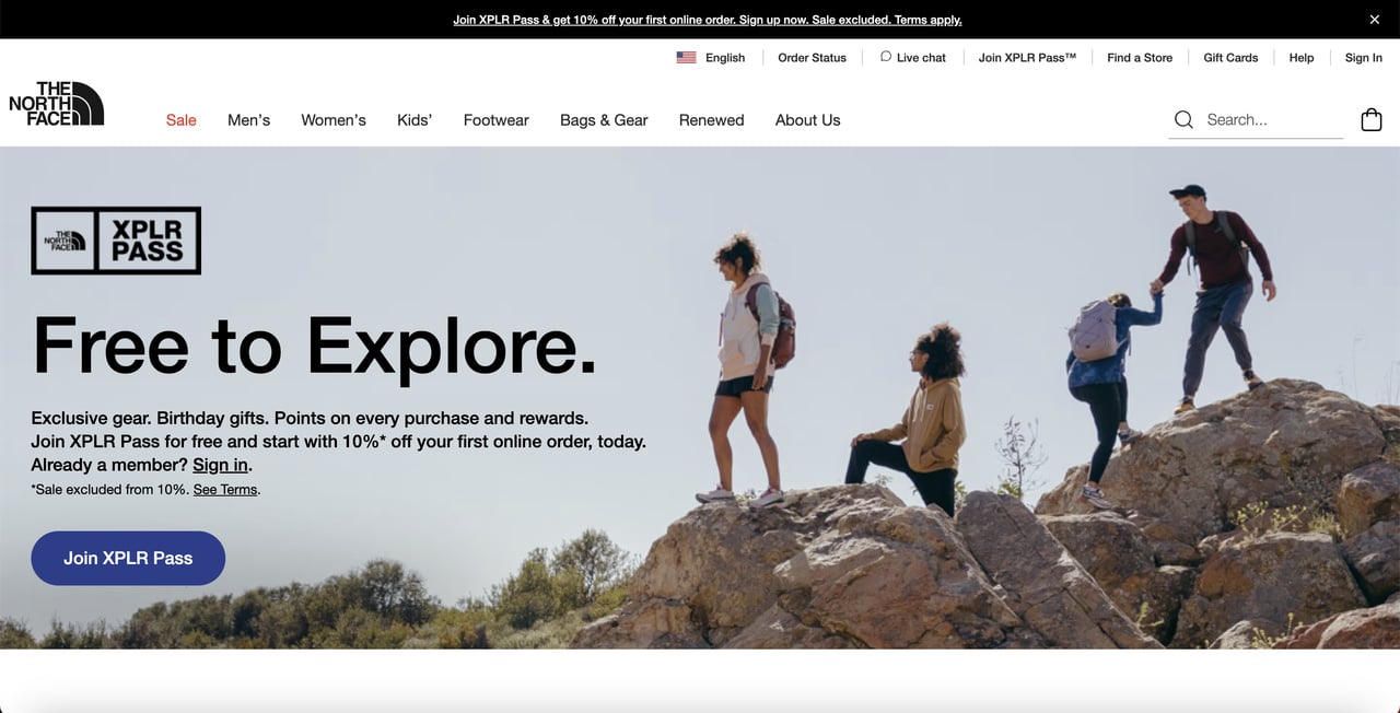 the North Face homepage with interactive above-the-fold