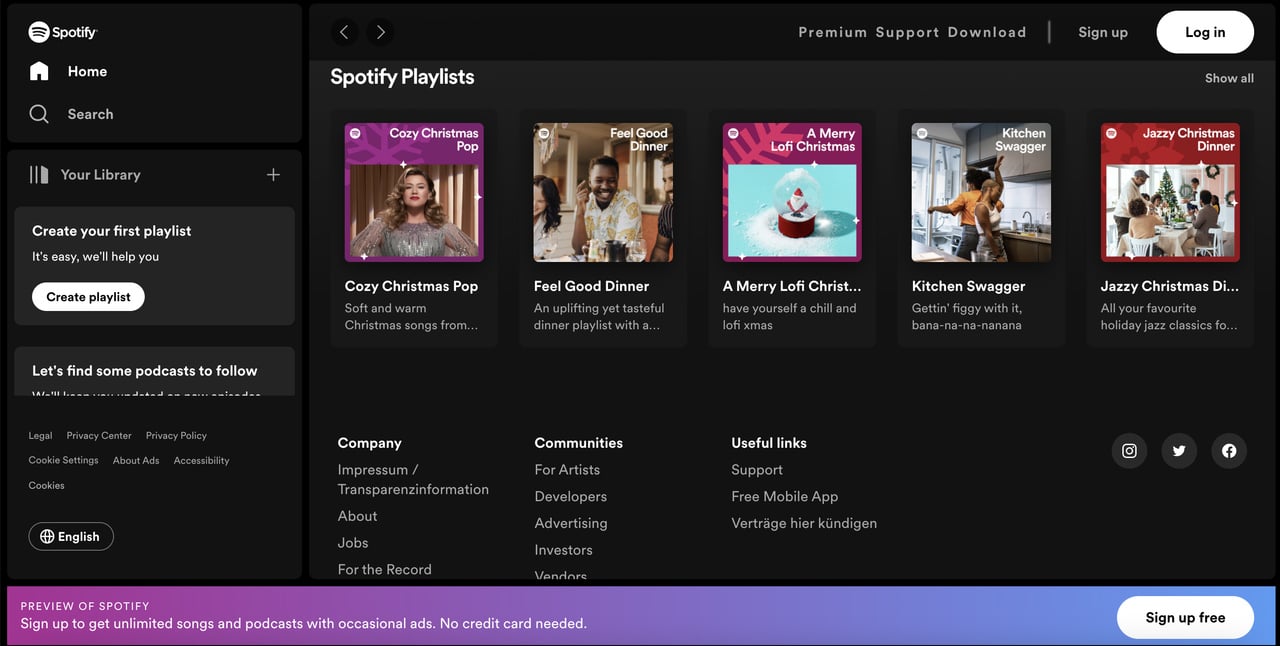 Spotify homepage with sample playlists