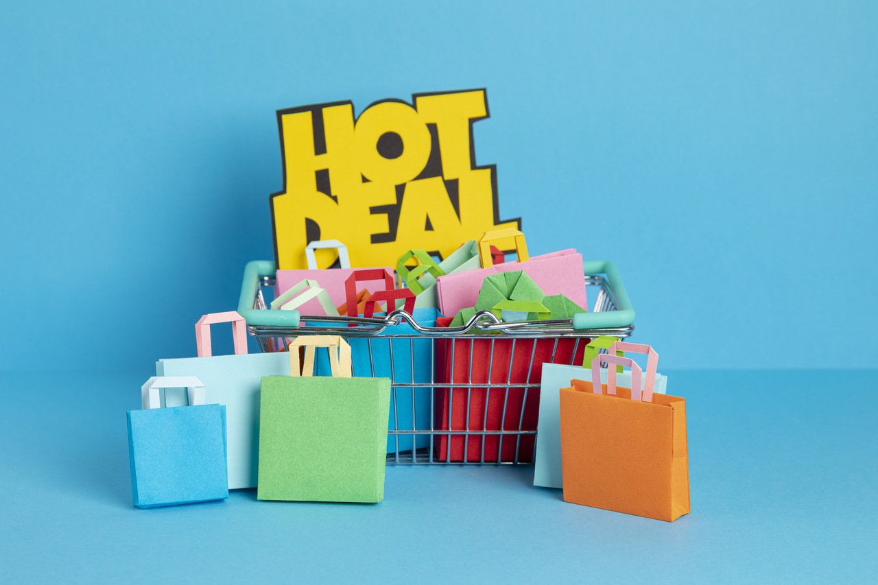 shopping basket full of paper bags on sale concept