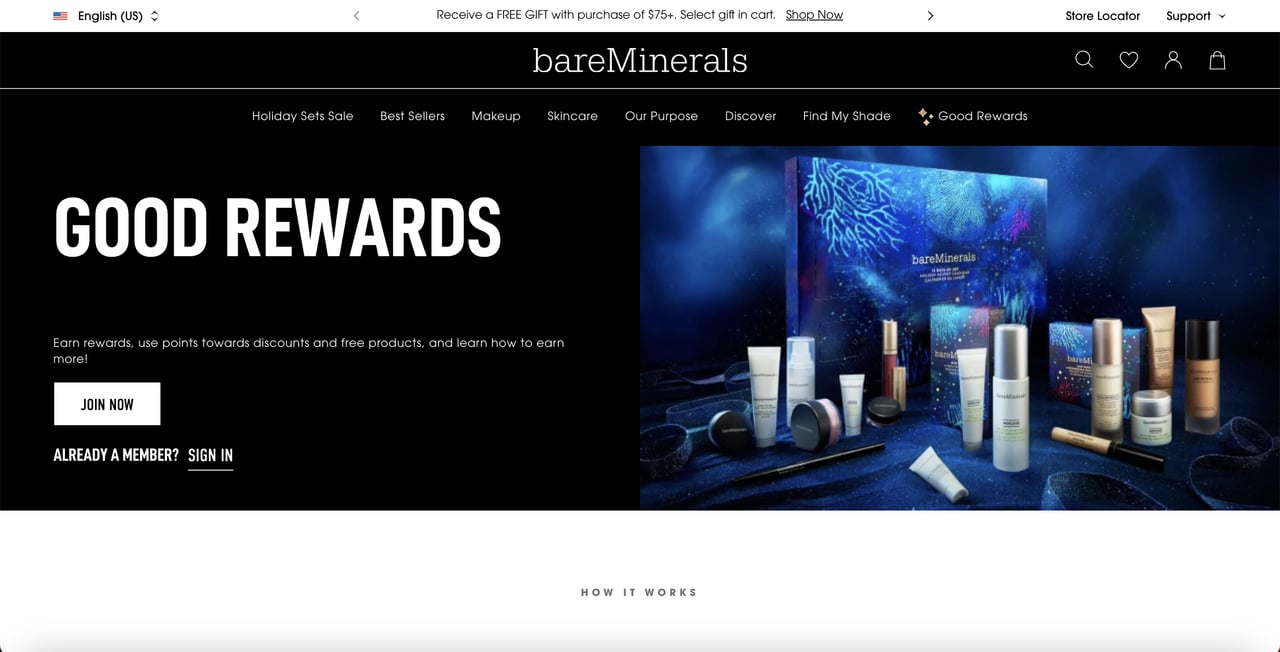 bareminerals Rewards page with rewards emphasized