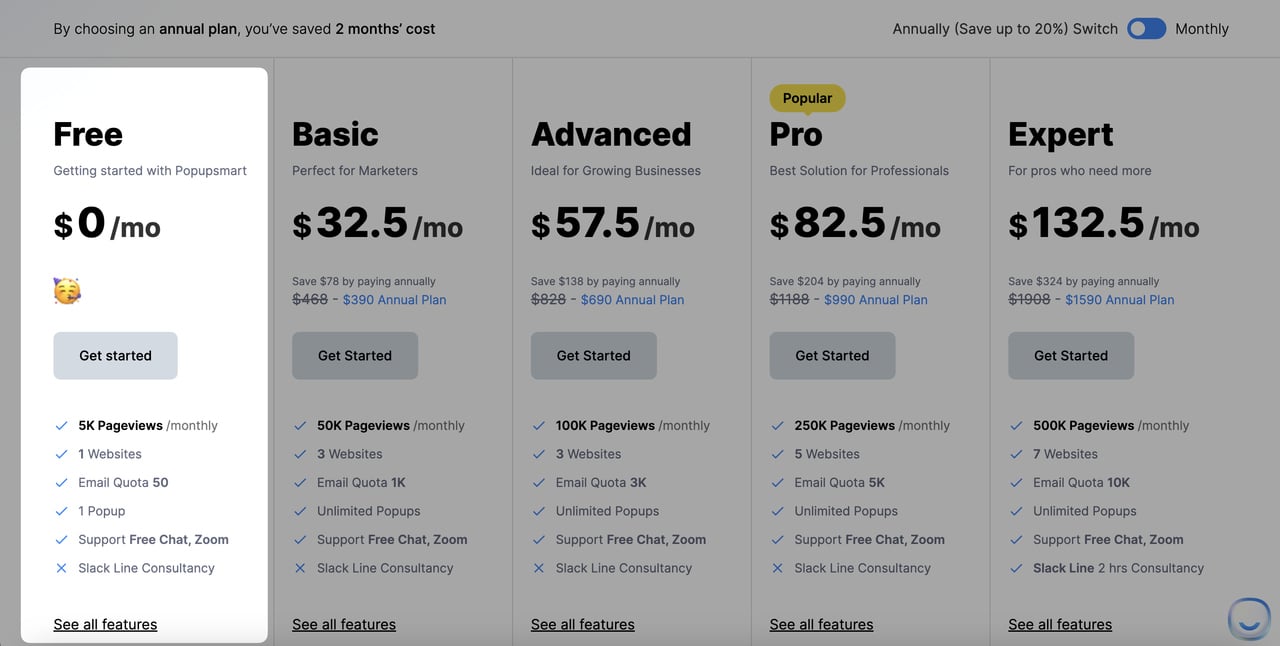 Popupsmart pricing free plan highlighted