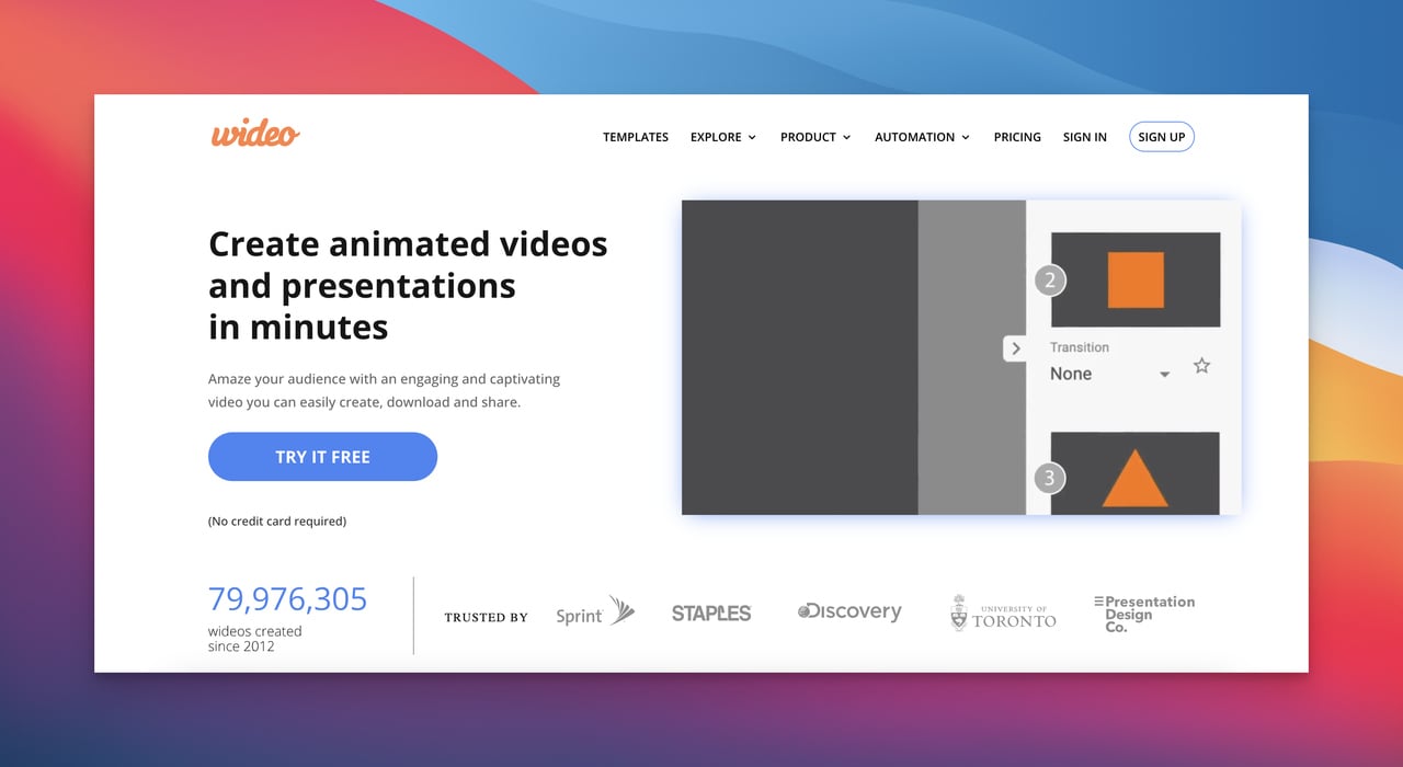 the homepage of Wideo as an application of AI in business