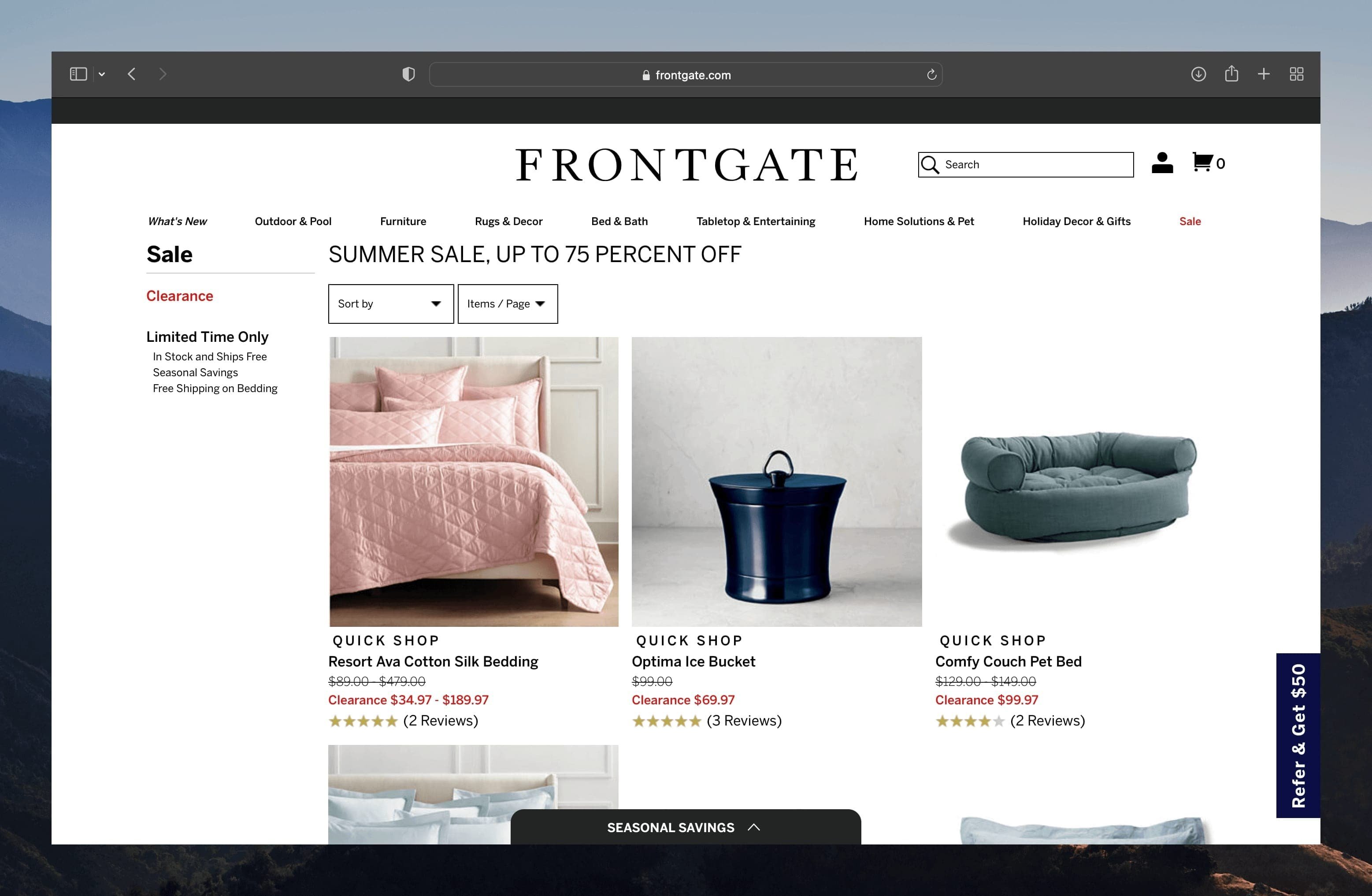 frontgate's landing page showing limited time summer offer featuring items like silk bedding, ice bucket and pet bed with their prices and customer ratings below 