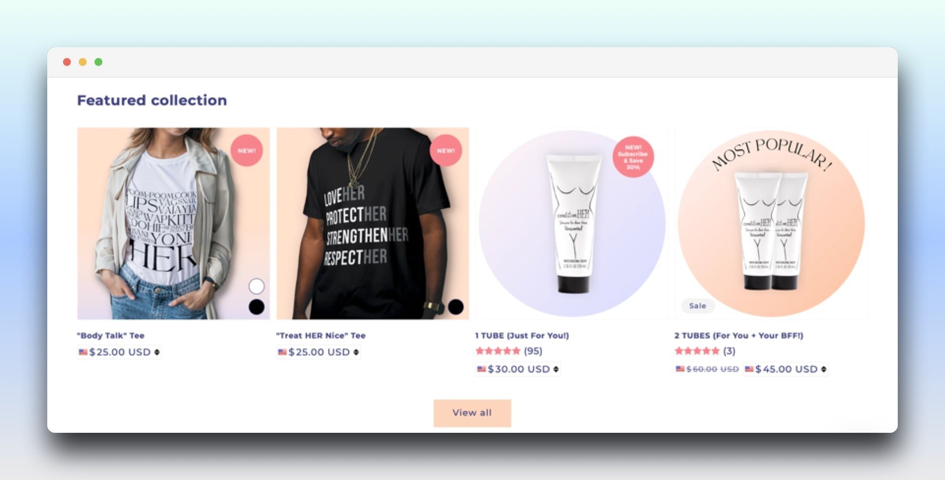 conditionHER shopping cart featured collection including a white t-shirt modelled on a woman, a t-shirt modelled by a man, one tube of body product and 2 tubes of the same product with their prices underneath