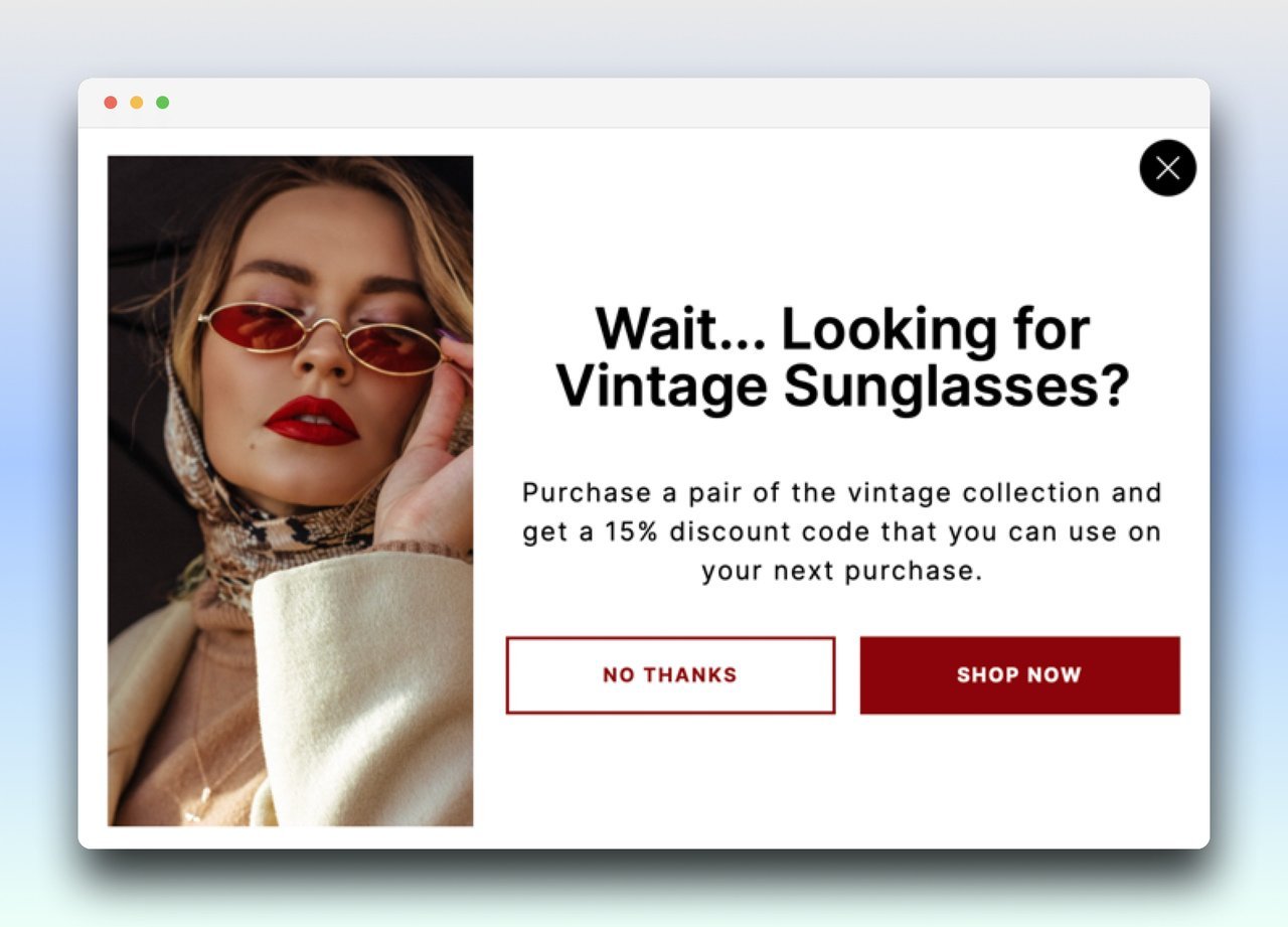 an exit intent popup example featuring a woman with red lipstick and sunglasses wearing a scarf around her head, eyes closed and a discount offer next to the woman image along with no thanks and shop now buttons