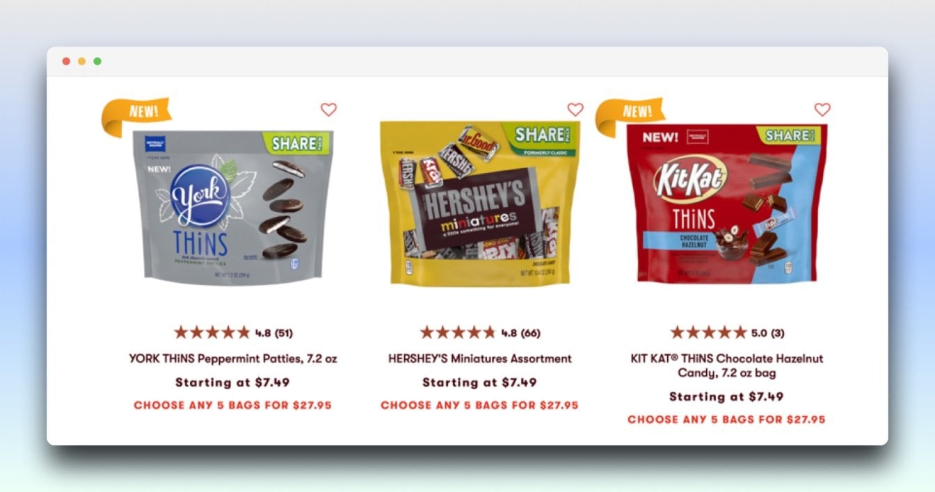 a chocolate bundle campaign offering 5 bags of different chocolates for a fixed price including the YorkThin, Hershey and Kit Kat's bag of chocolates with their price