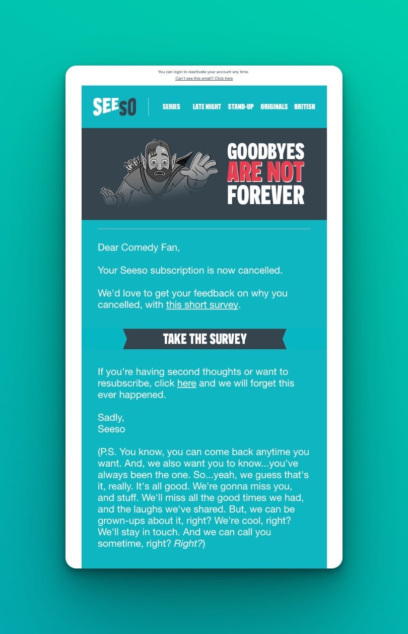 Seeso win-back email for customer retention