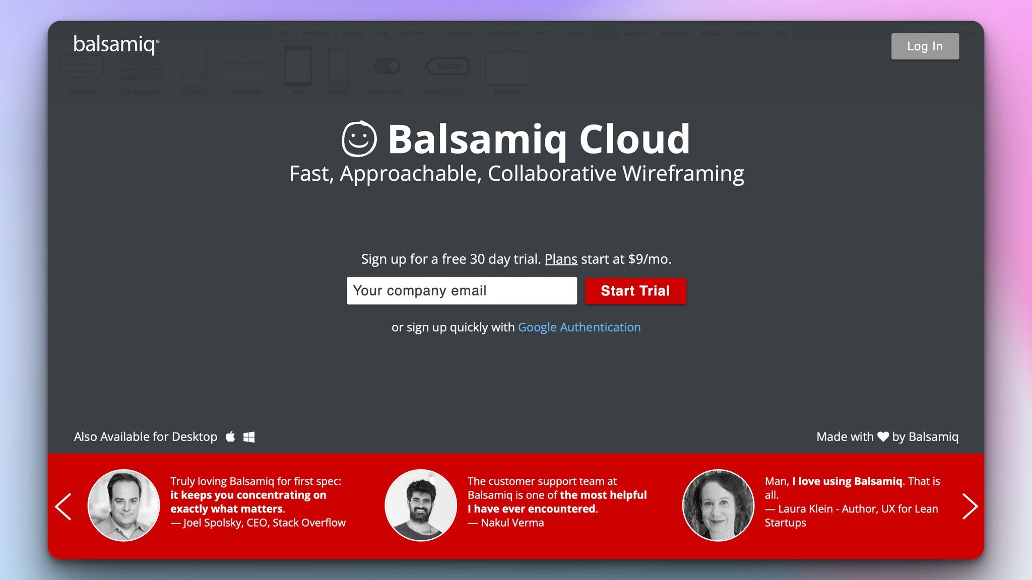 balsamiq design tool's homepage with a grey background and a headline in the center followed by an email field to start free trial and there is a red banner below with user images and reviews