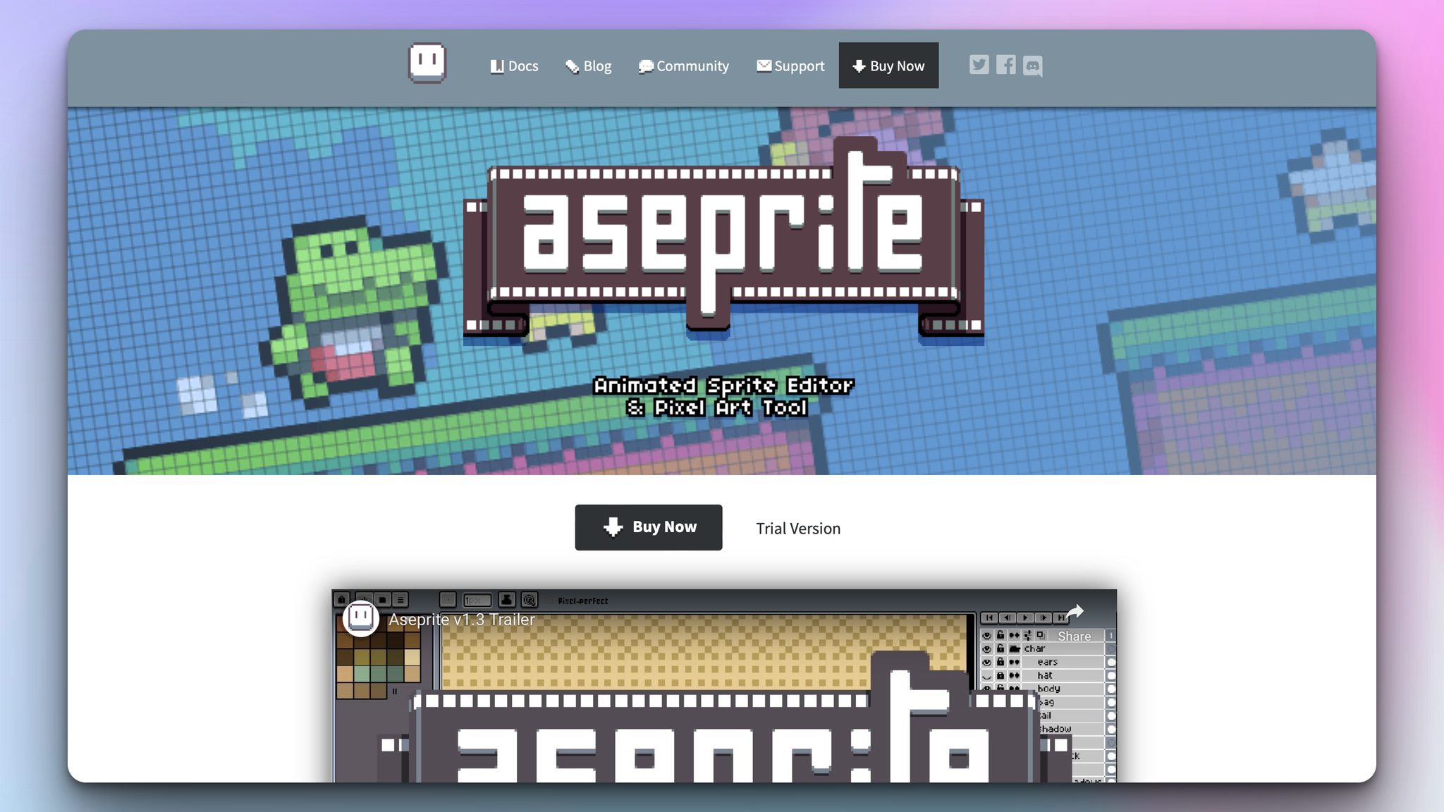 aseprite design tool's homepage with pixel art background with the title on it and "buy now" and "trial version" buttons followed by a video preview