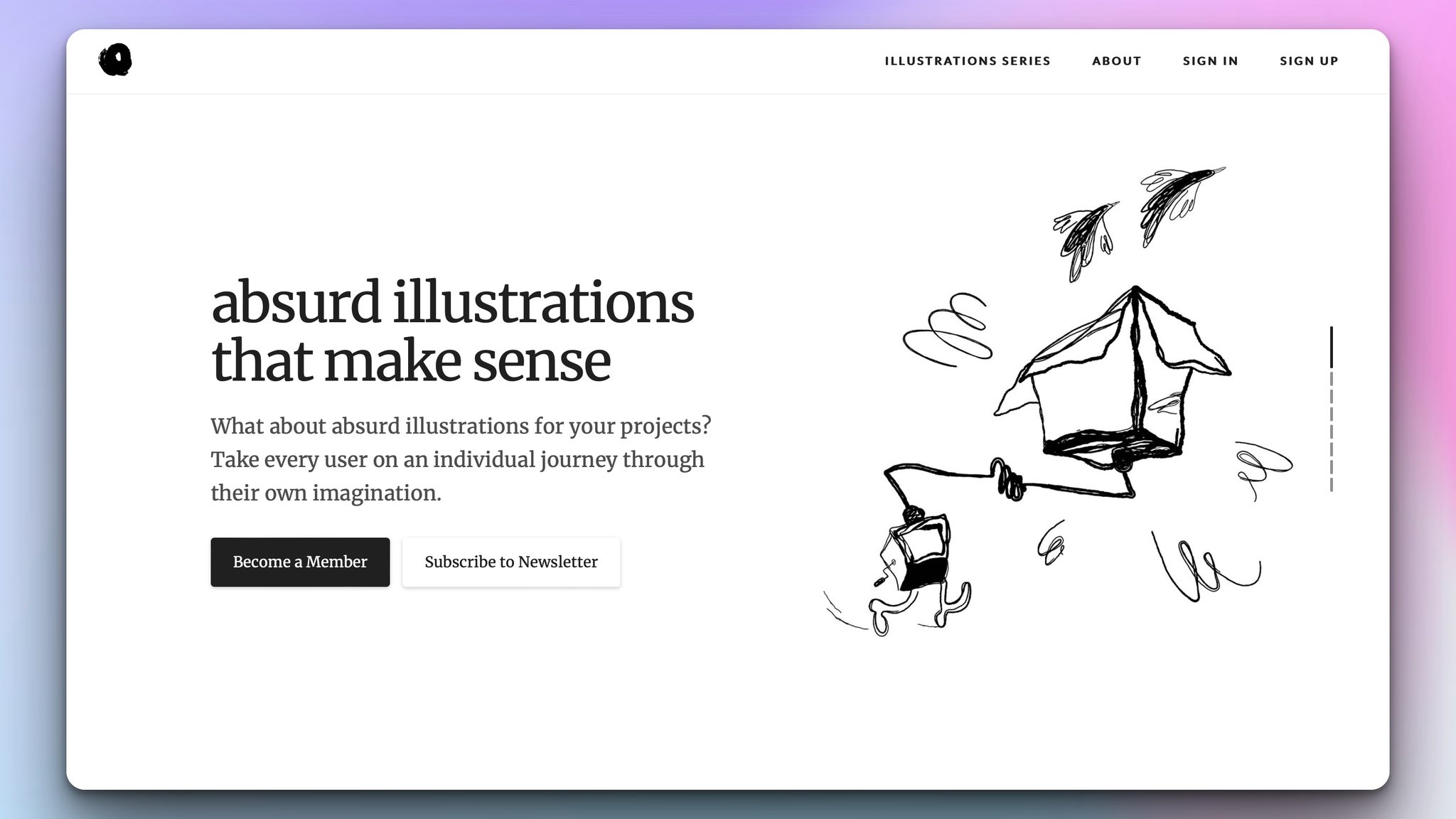 absurd illustrations design tool's homepage with the headline on the left as "absurd illustrations that make sense" and two buttons for action and on the rgiht, there is a black and white illustration of a box and birds flying followed by a little walking box connected to the big one