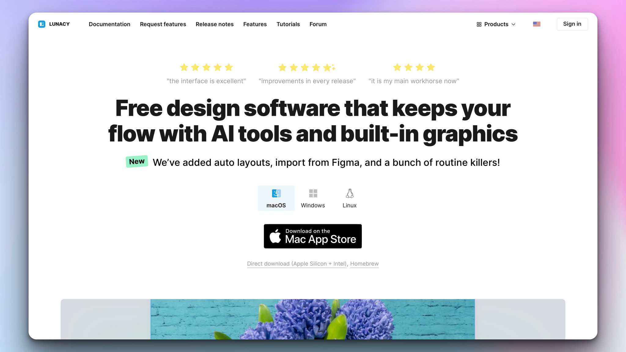 lunacy design tool's homepage with the headline bold in the center followed by operating system logos like macOS and there are rating stars above the headline