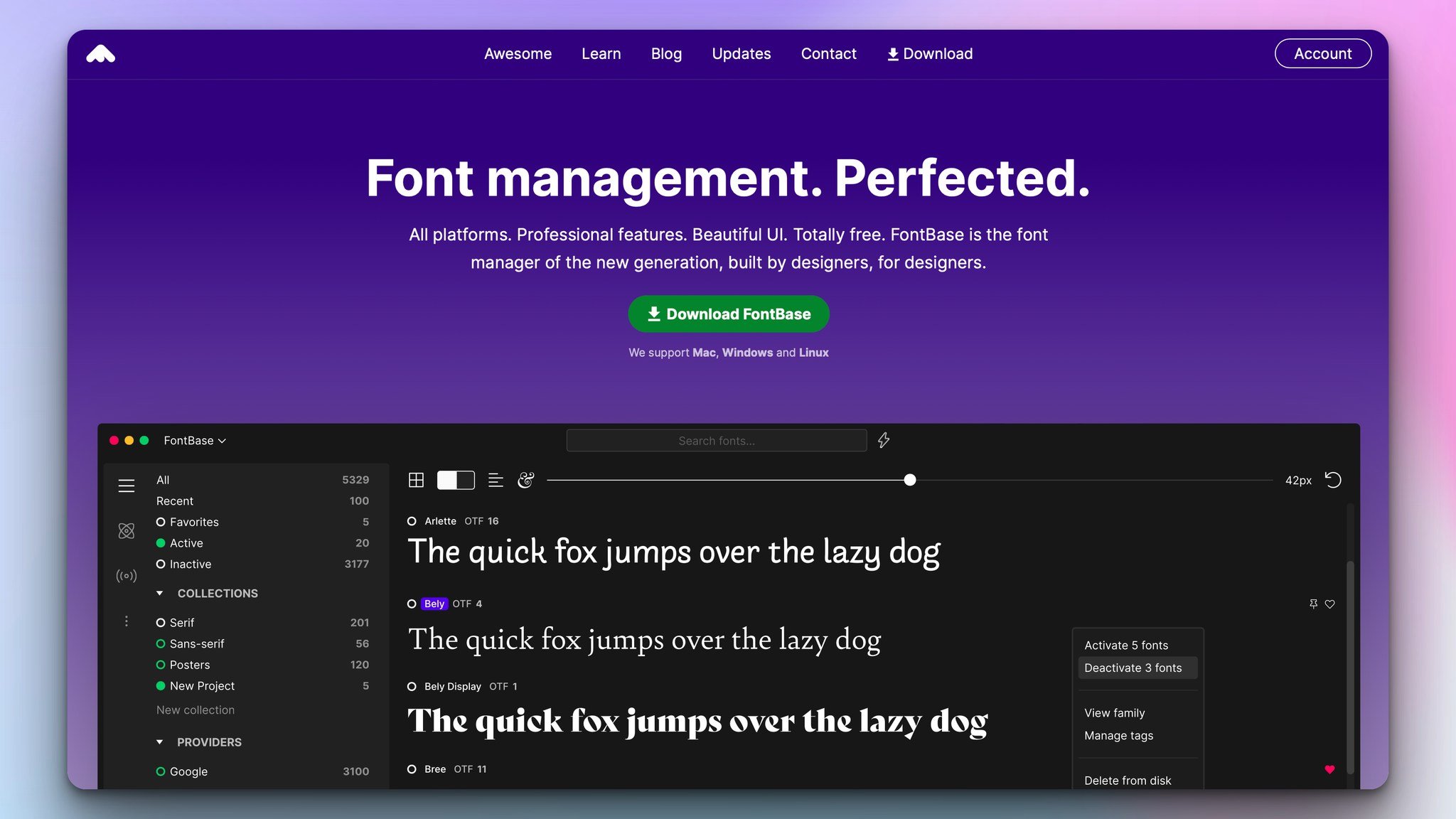 fontbase design tool's homepage with the headline in the center as "Font Management. Perfected." followed by a green download button and the window of the tool