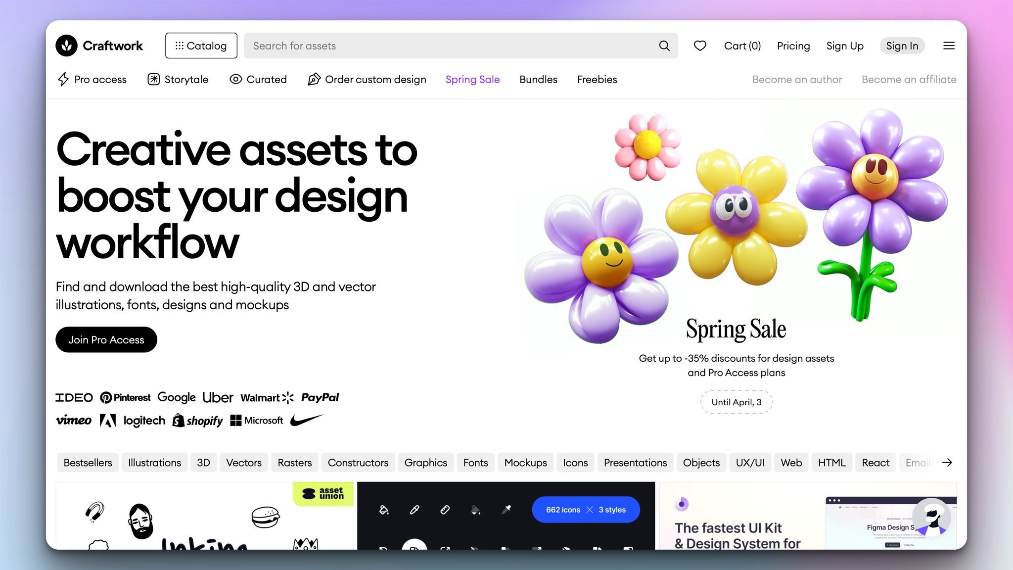 craftwork design tool's homepage with the headline on the top left followed by a "join pro access" button below and illustrations of flowers on the right with a spring sale title