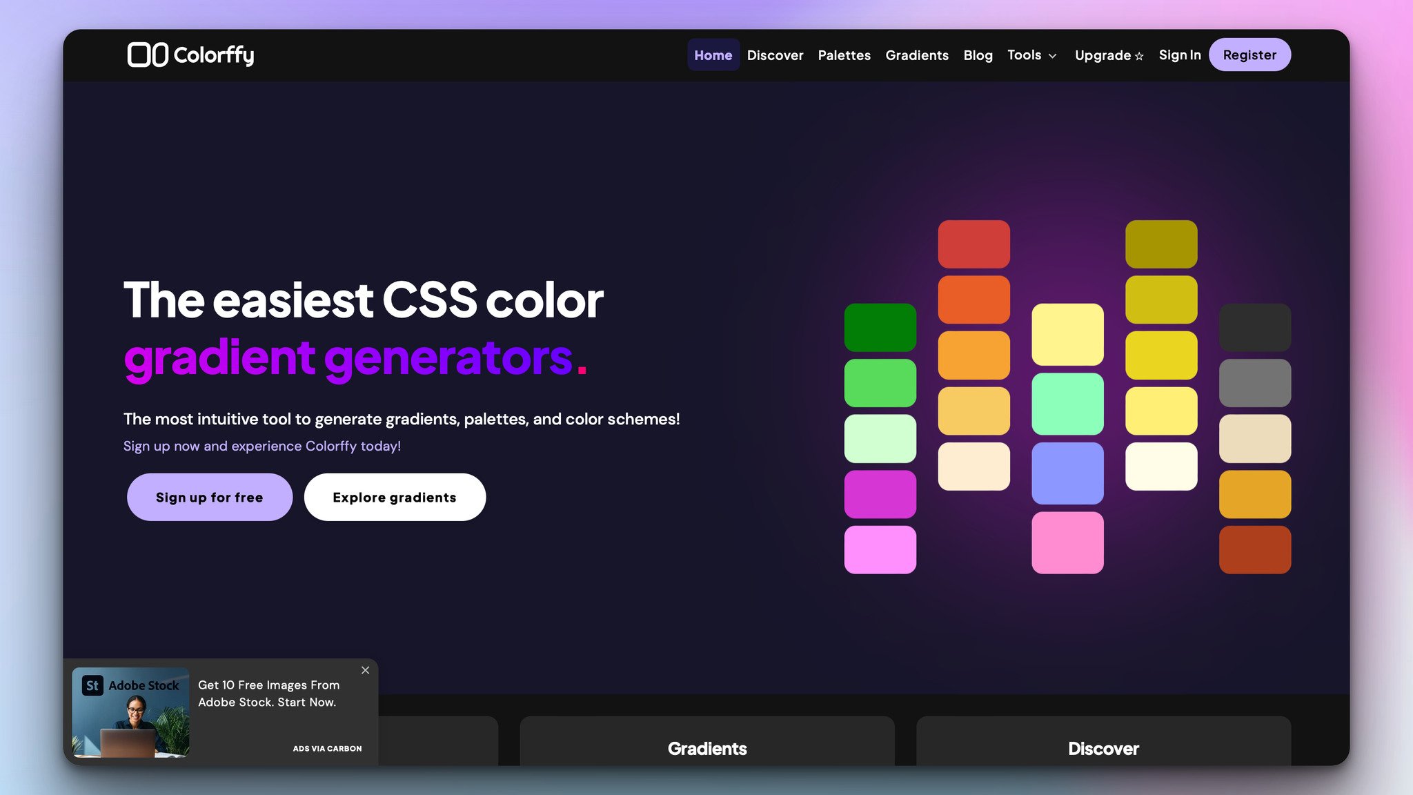 colorfyy design tool's homepage with the headline on the left followed by two buttons as sign up and explore and on the right, there are squares with different color palettes