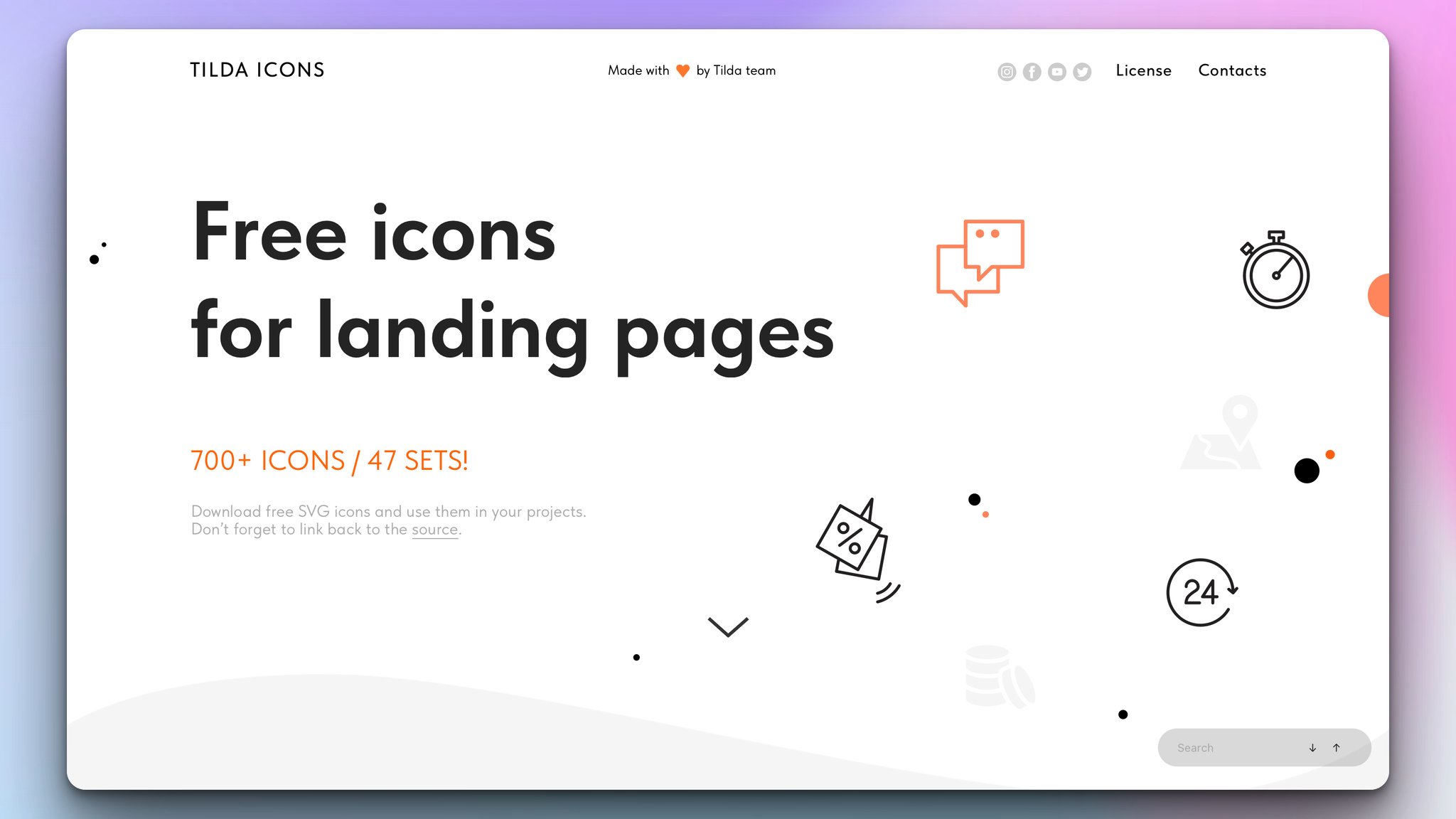 tilda icons design tool's homepage with the headline on the left and a clock, chat bubble, 24 hours icon, and a discount icon illustrations on the right