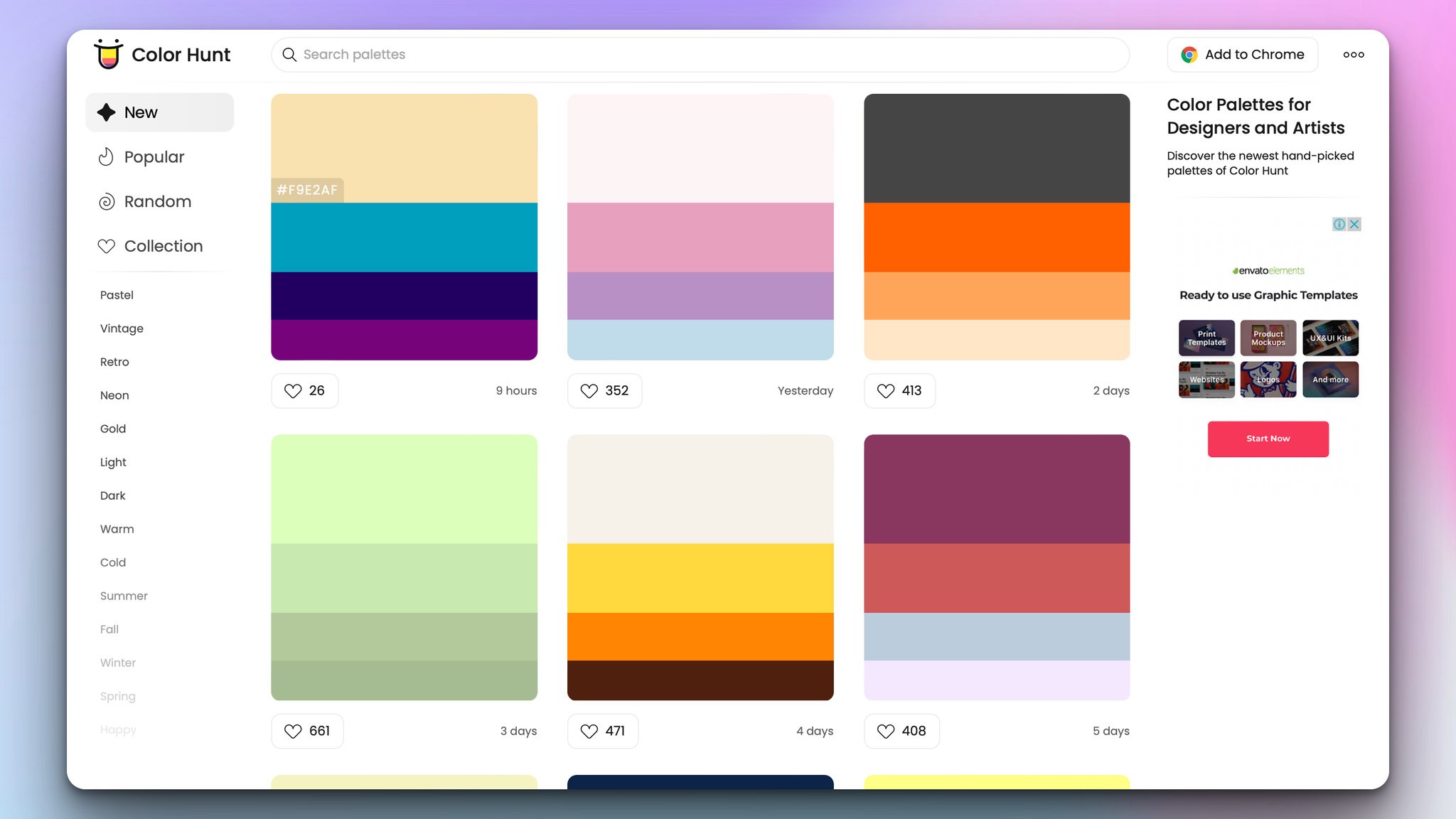 color hunt design tool's homepage with different color filters on the left and color palettes on the right 